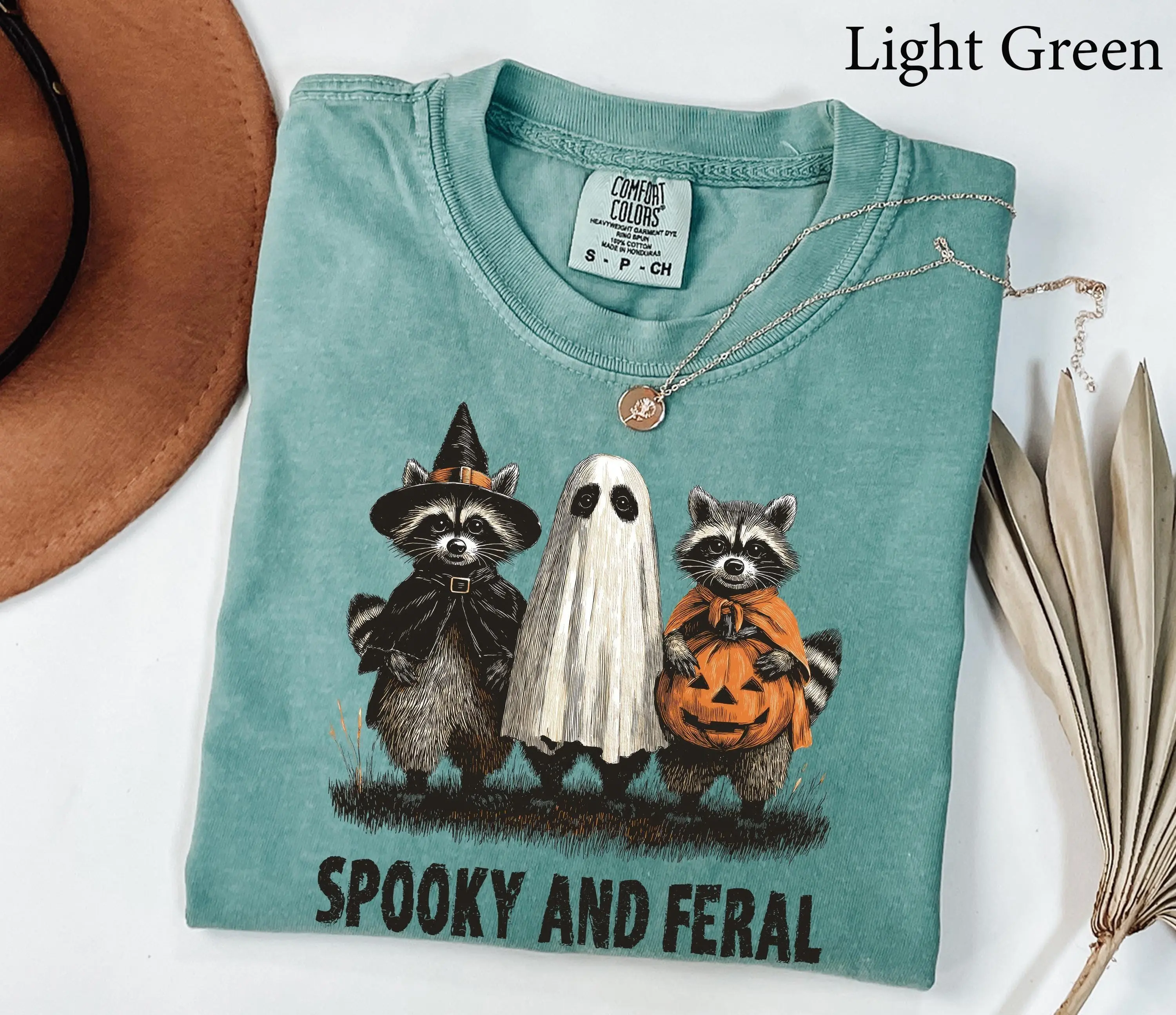 Comfort Colors Funny Raccoon Halloween Shirt, Spooky And Feral Ghost Graphic Tee, Girly Fall Gift for Women - photo 3