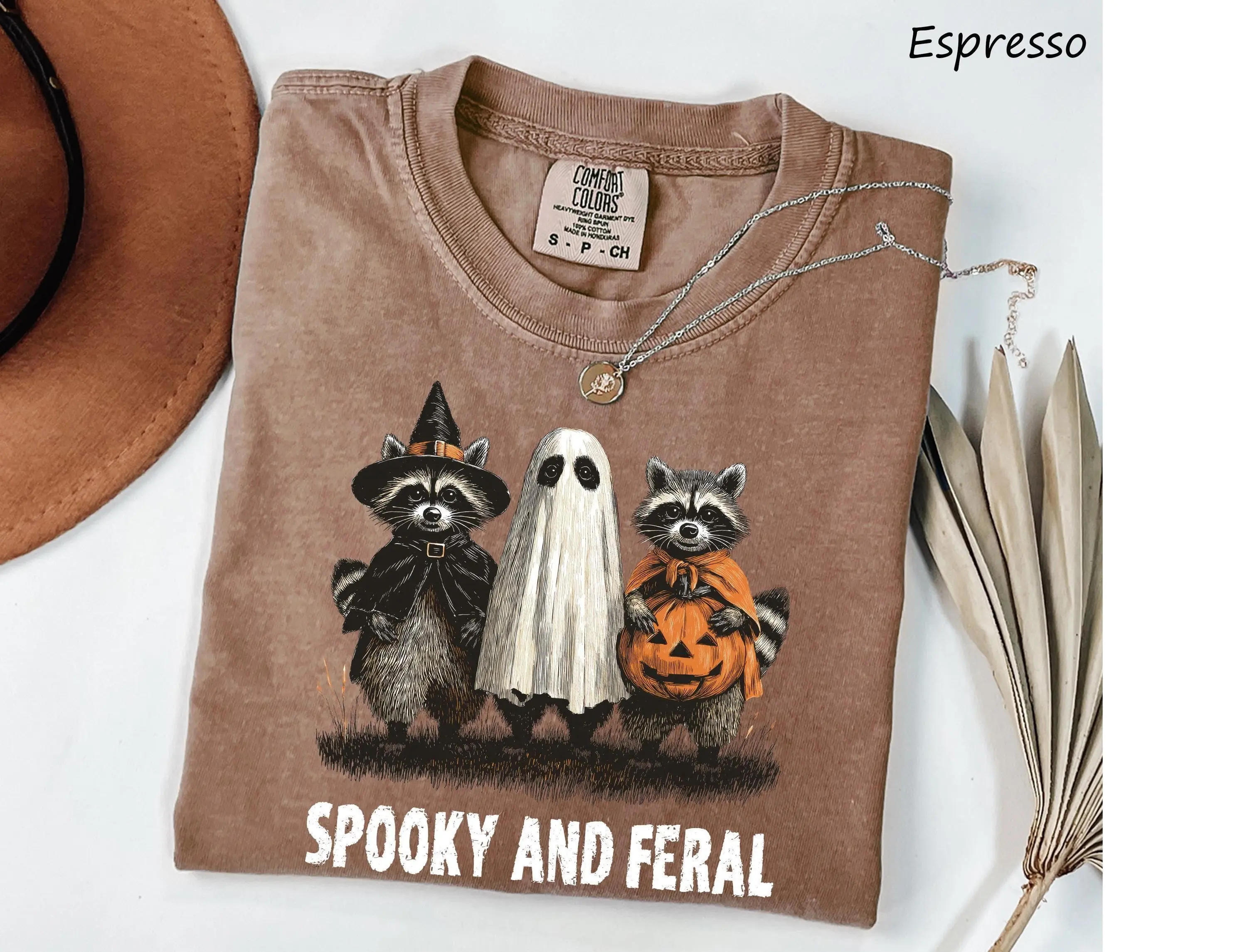 Comfort Colors Funny Raccoon Halloween Shirt, Spooky And Feral Ghost Graphic Tee, Girly Fall Gift for Women - photo 4