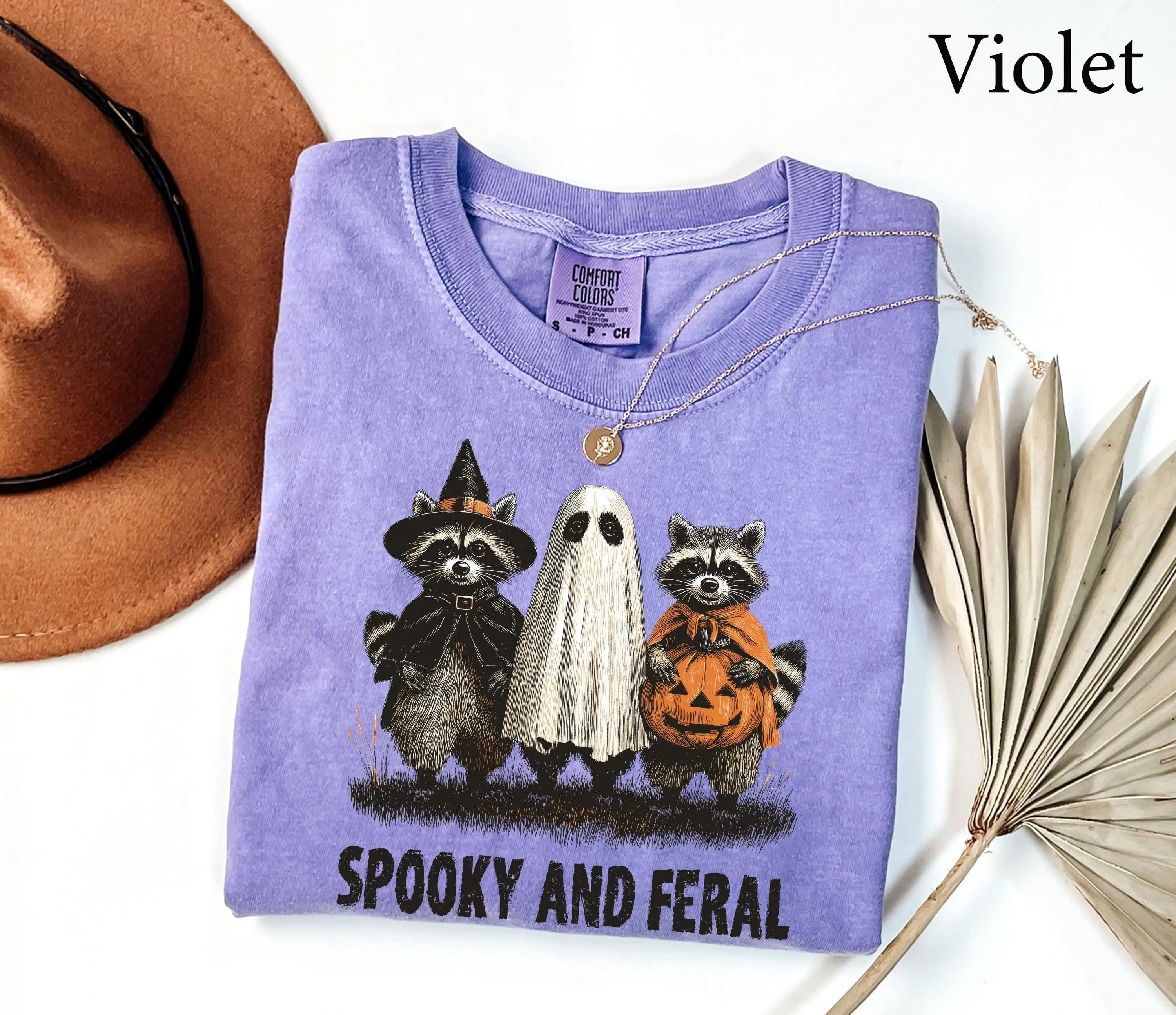 Comfort Colors Funny Raccoon Halloween Shirt, Spooky And Feral Ghost Graphic Tee, Girly Fall Gift for Women - photo 5