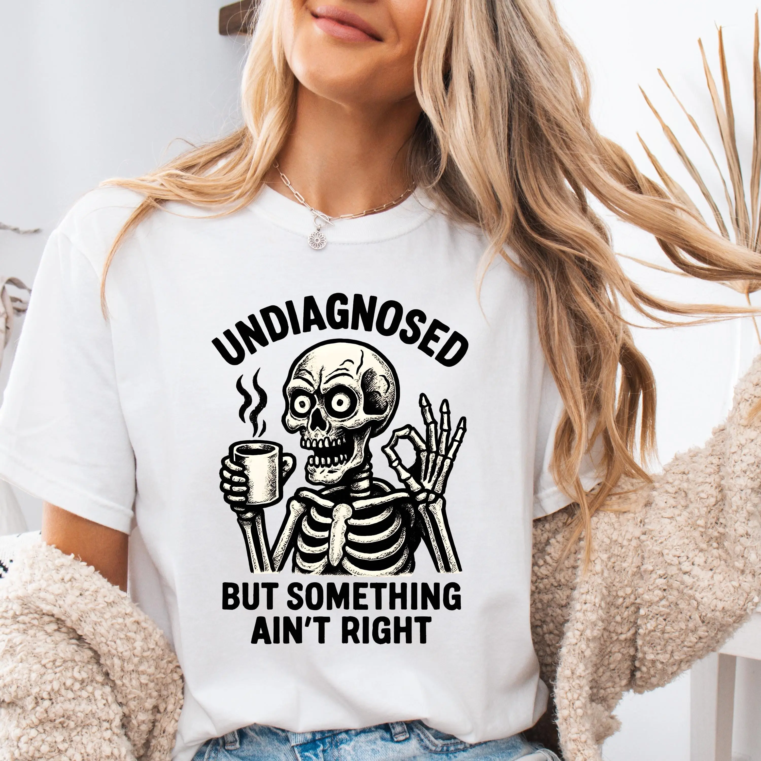 Comfort Colors Funny Skeleton Shirt, Undiagnosed Humor Graphic Tee, Womens Retro Spooky Fall Halloween Top