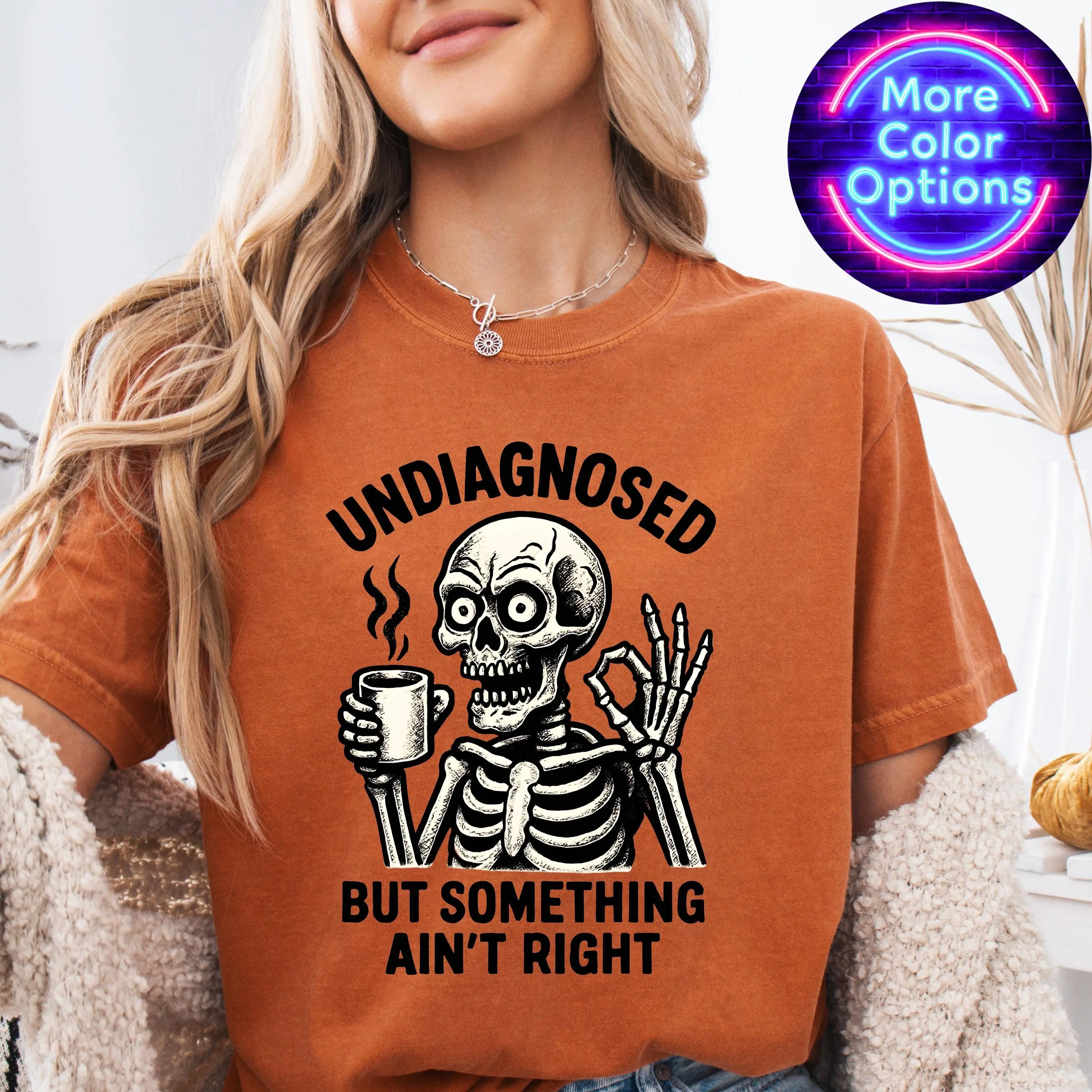 Comfort Colors Funny Skeleton Shirt, Undiagnosed Humor Graphic Tee, Womens Retro Spooky Fall Halloween Top - photo 2