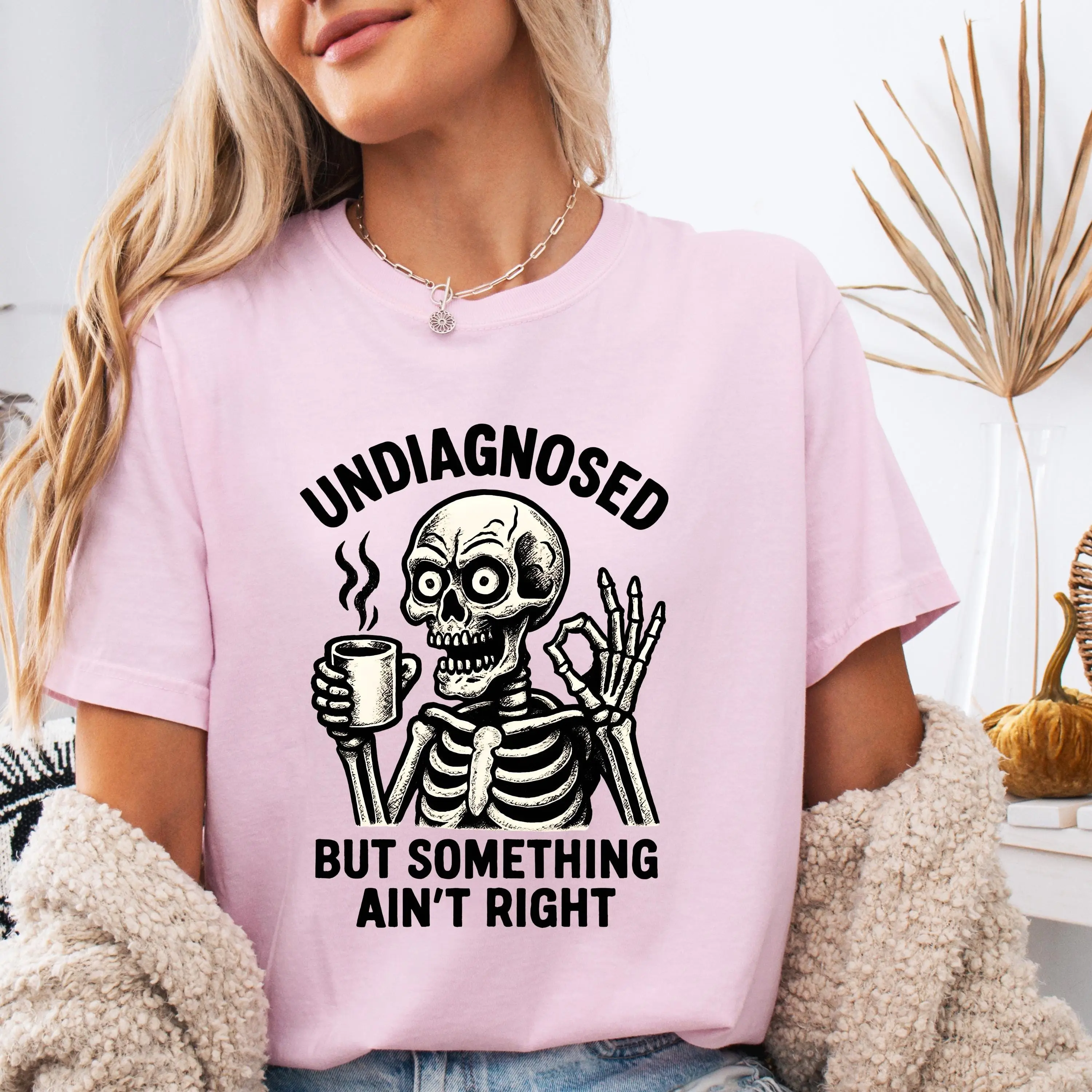 Comfort Colors Funny Skeleton Shirt, Undiagnosed Humor Graphic Tee, Womens Retro Spooky Fall Halloween Top - photo 3
