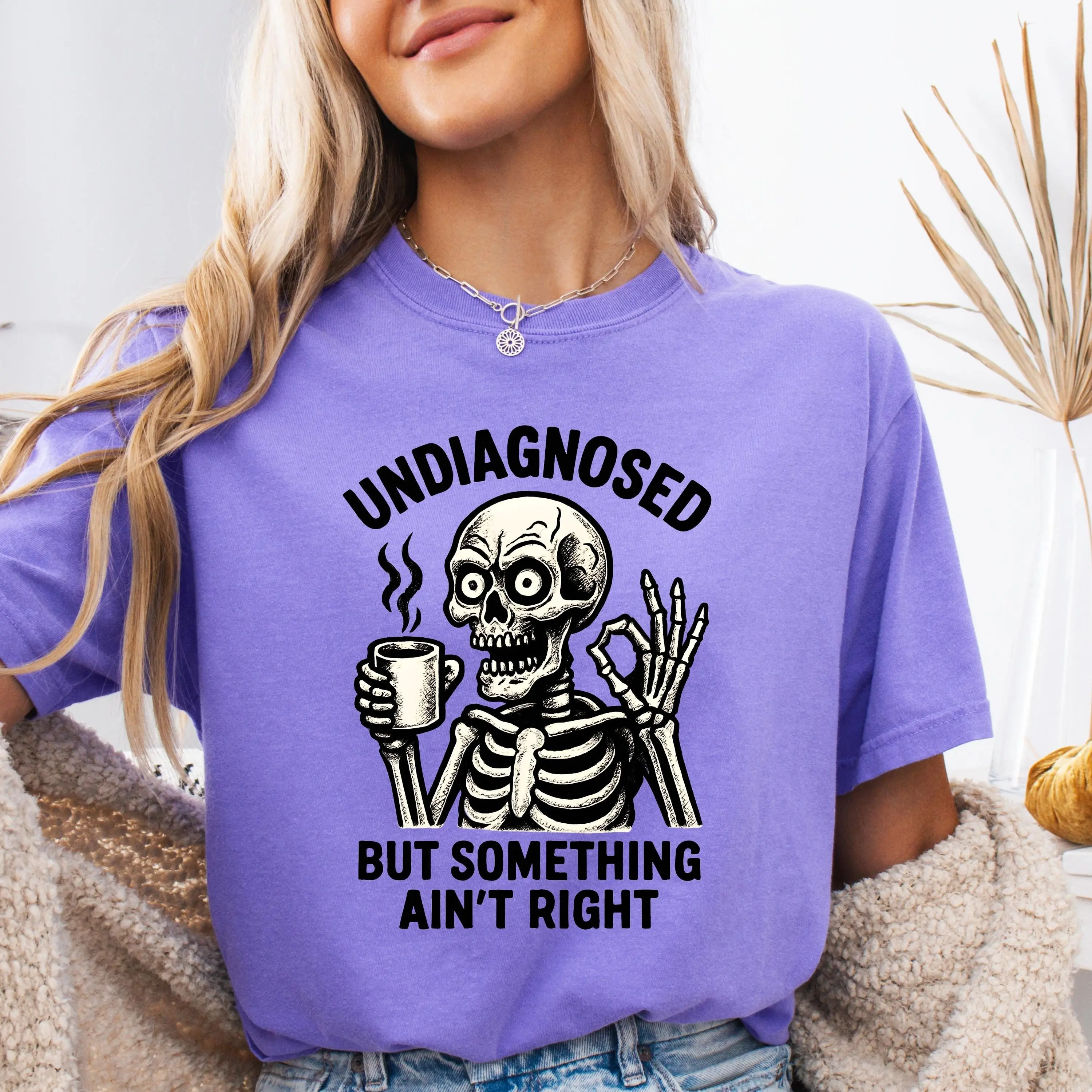 Comfort Colors Funny Skeleton Shirt, Undiagnosed Humor Graphic Tee, Womens Retro Spooky Fall Halloween Top - photo 4