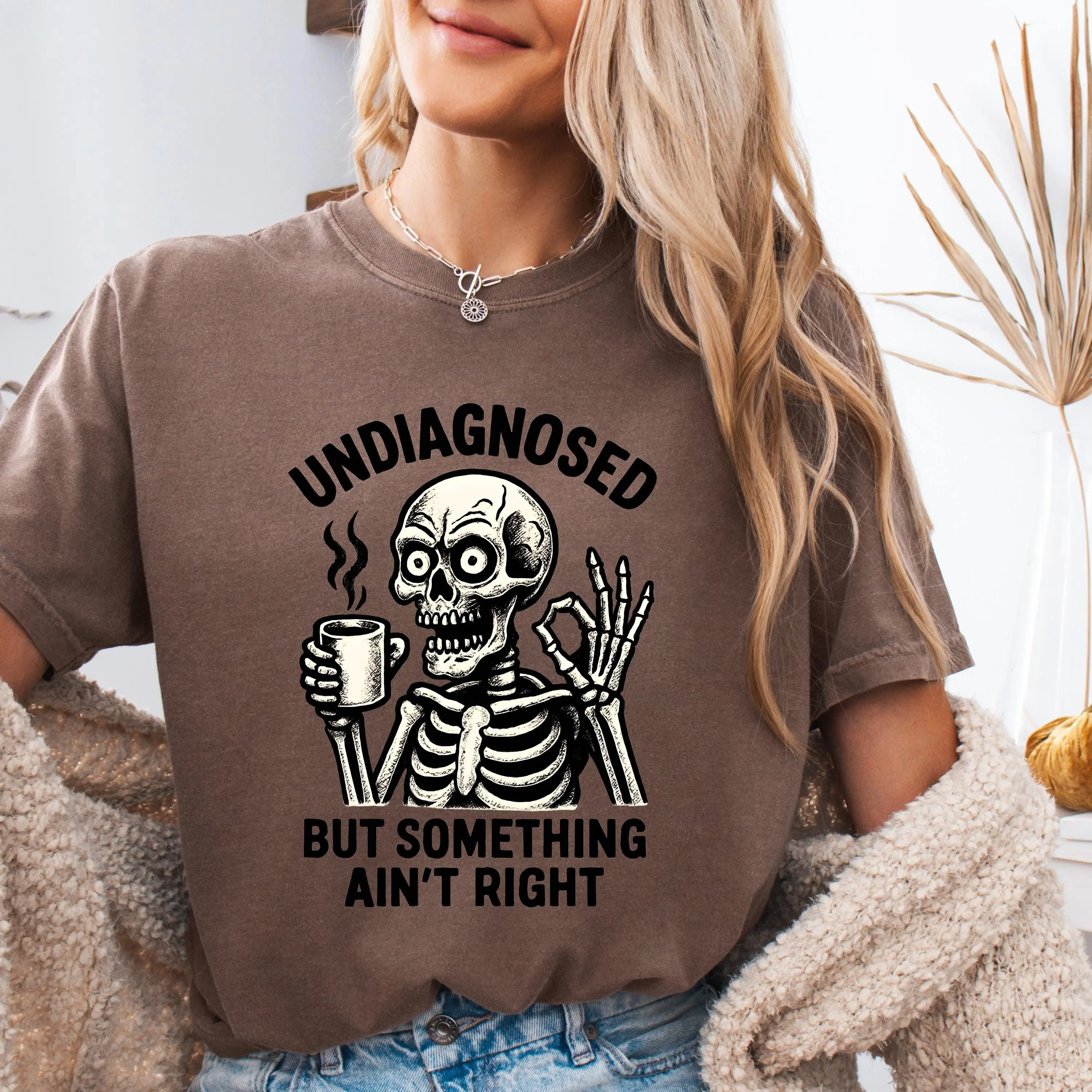 Comfort Colors Funny Skeleton Shirt, Undiagnosed Humor Graphic Tee, Womens Retro Spooky Fall Halloween Top - photo 5