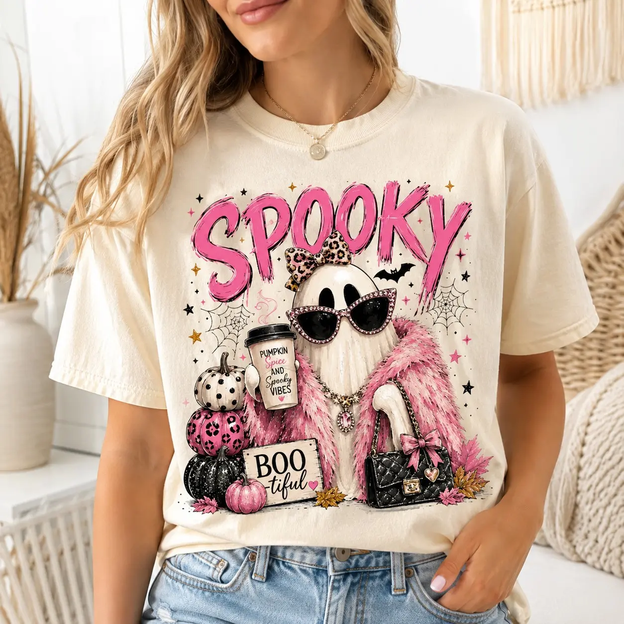 Comfort Colors Fur Coat Ghost Pumpkin Spice Coffee Adults Graphic Shirts Halloween Gathering