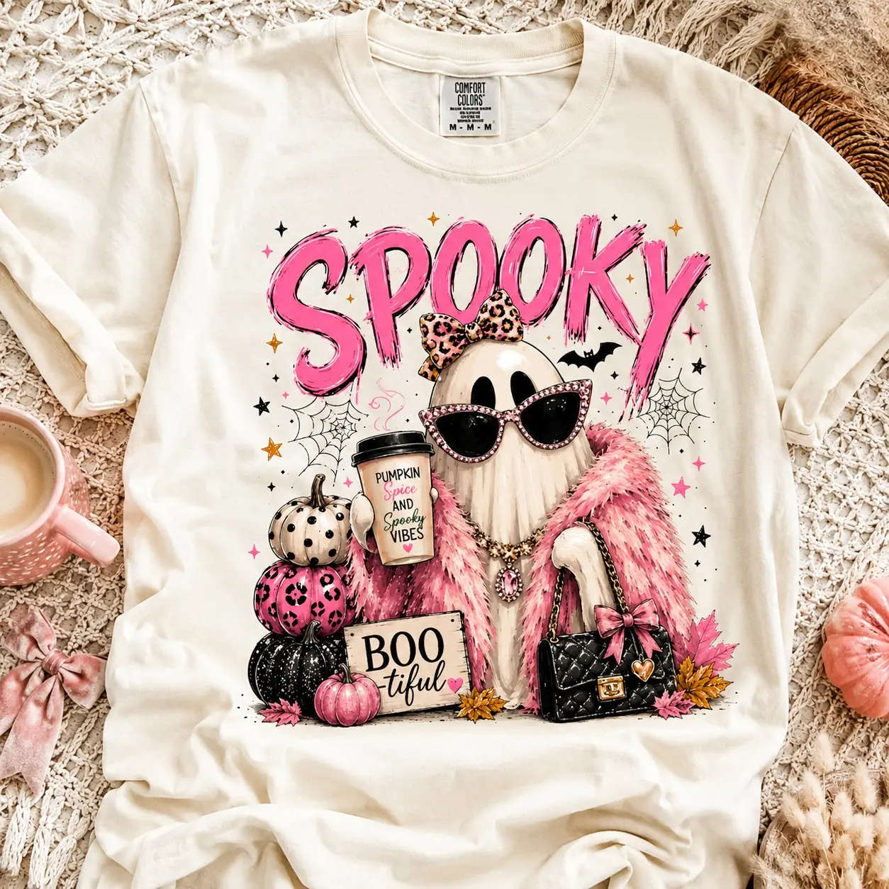 Comfort Colors Fur Coat Ghost Pumpkin Spice Coffee Adults Graphic Shirts Halloween Gathering - photo 2