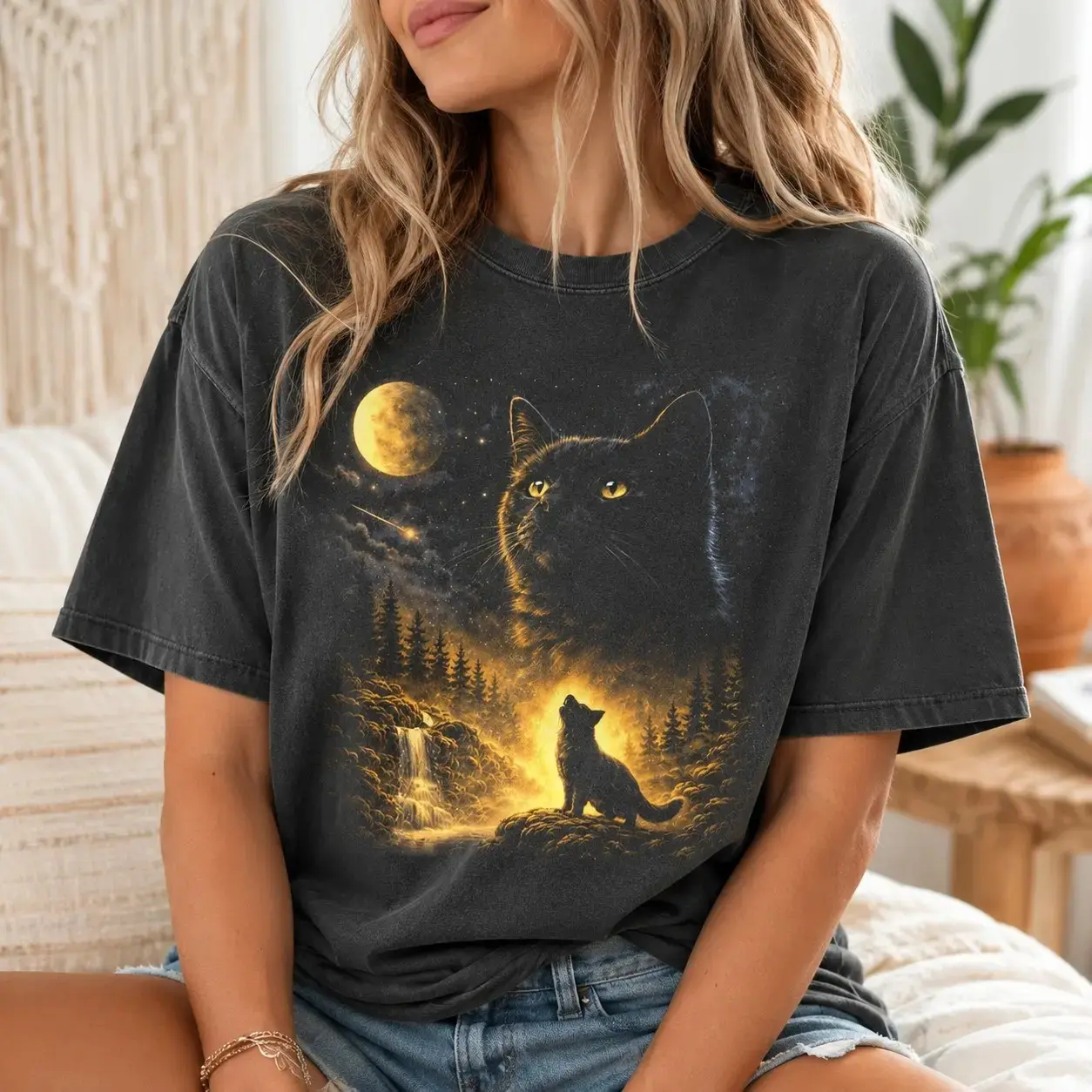 Comfort Colors Galaxy Moonlit Black Kitten Constellation T-Shirt, Whimsical Witchy Cat Halloween Top