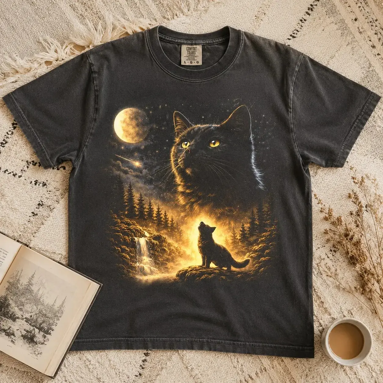 Comfort Colors Galaxy Moonlit Black Kitten Constellation T-Shirt, Whimsical Witchy Cat Halloween Top - photo 2