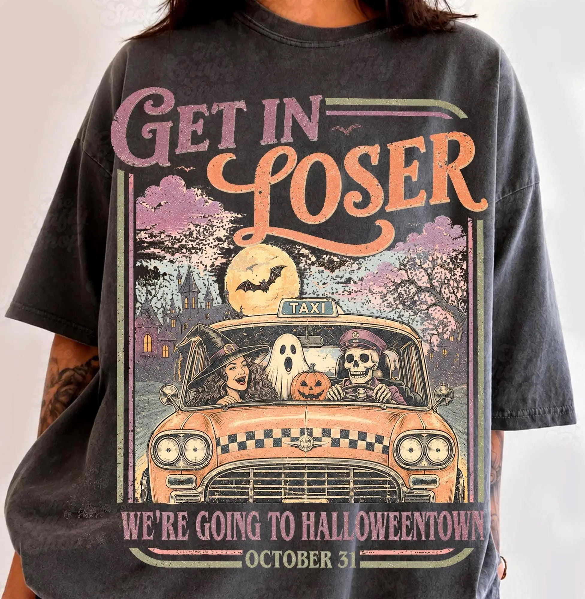 Comfort Colors Get In Loser Halloween Sweatshirt, Retro Spooky Season Taxi Ride Friends Graphic Crewneck