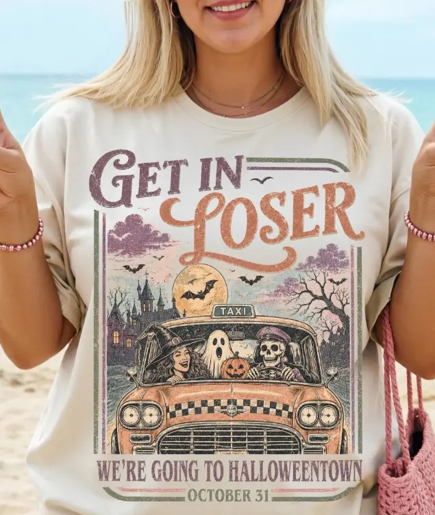 Comfort Colors Get In Loser Halloween Sweatshirt, Retro Spooky Season Taxi Ride Friends Graphic Crewneck - photo 2