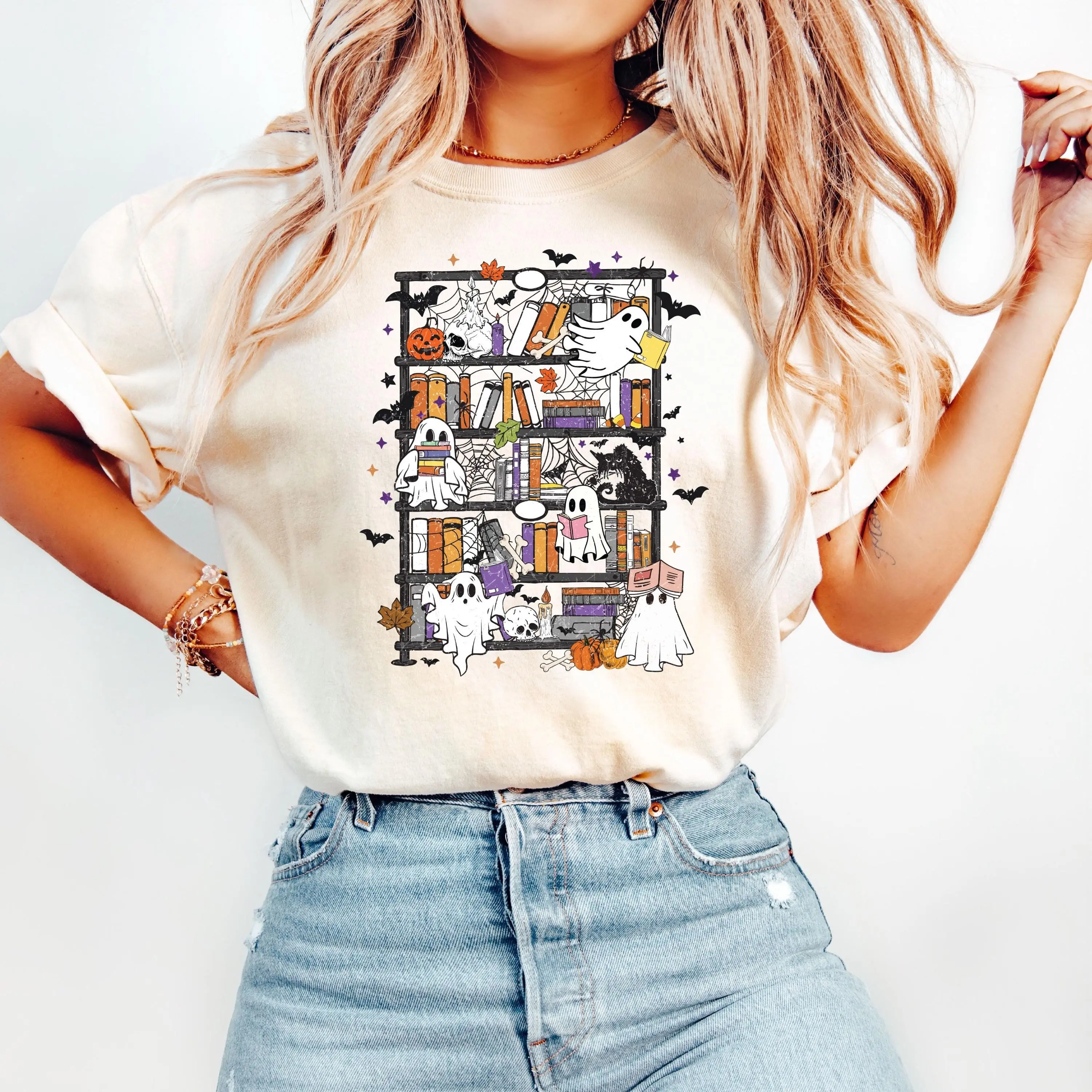 Comfort Colors Ghost Book Shirt, Halloween Reading Graphic Tee, Spooky Season Library Lover Gift - photo 2