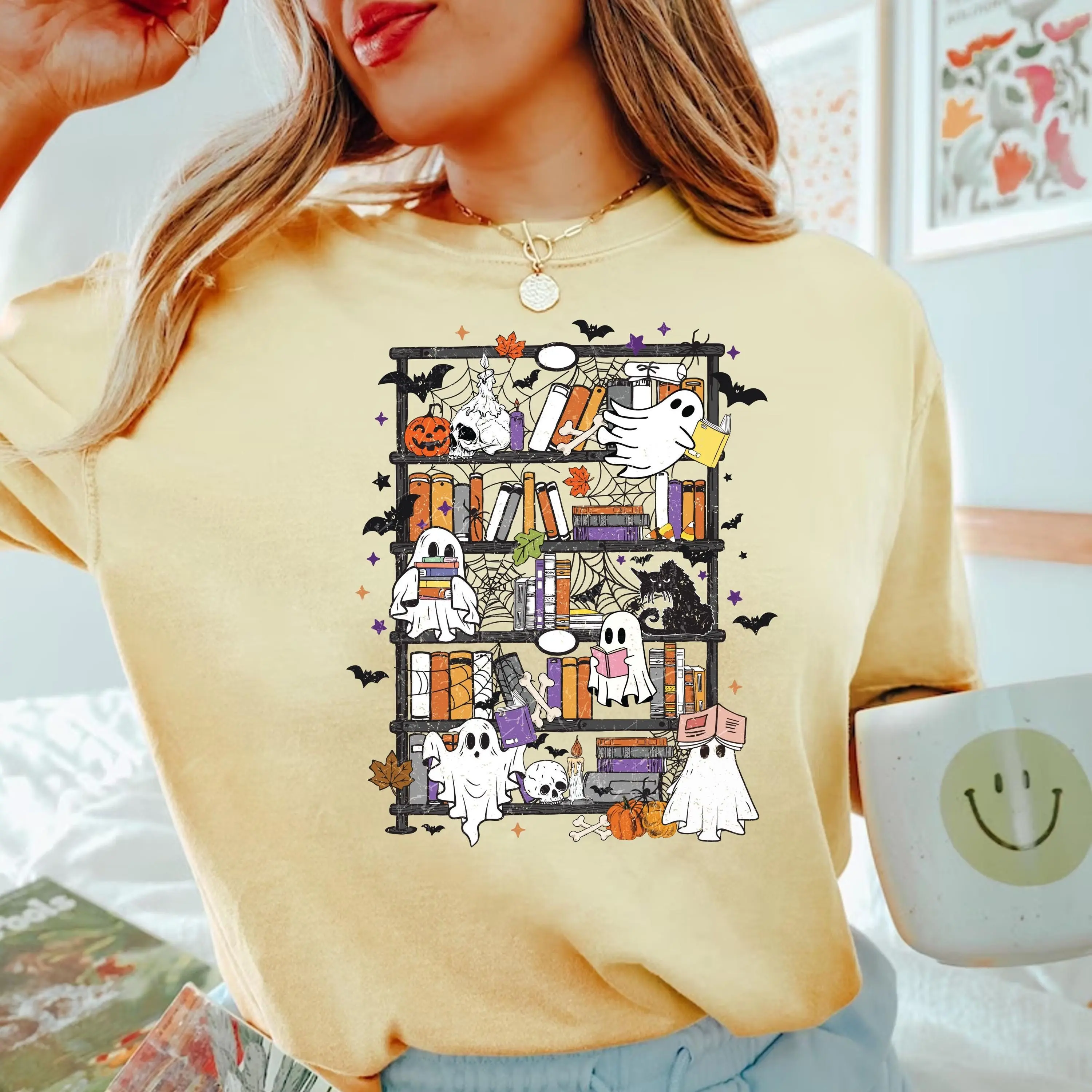 Comfort Colors Ghost Book Shirt, Halloween Reading Graphic Tee, Spooky Season Library Lover Gift - photo 3