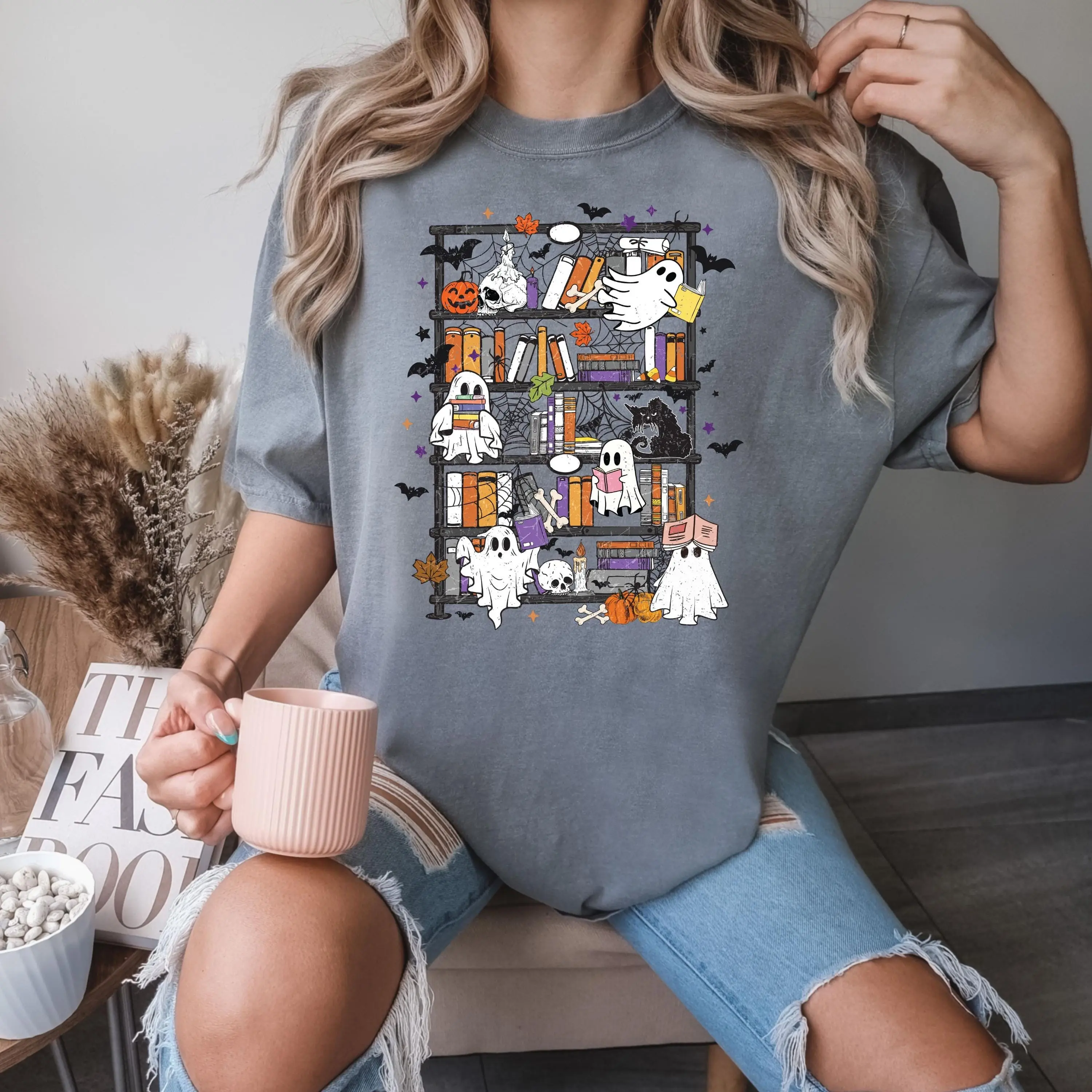 Comfort Colors Ghost Book Shirt, Halloween Reading Graphic Tee, Spooky Season Library Lover Gift - photo 4