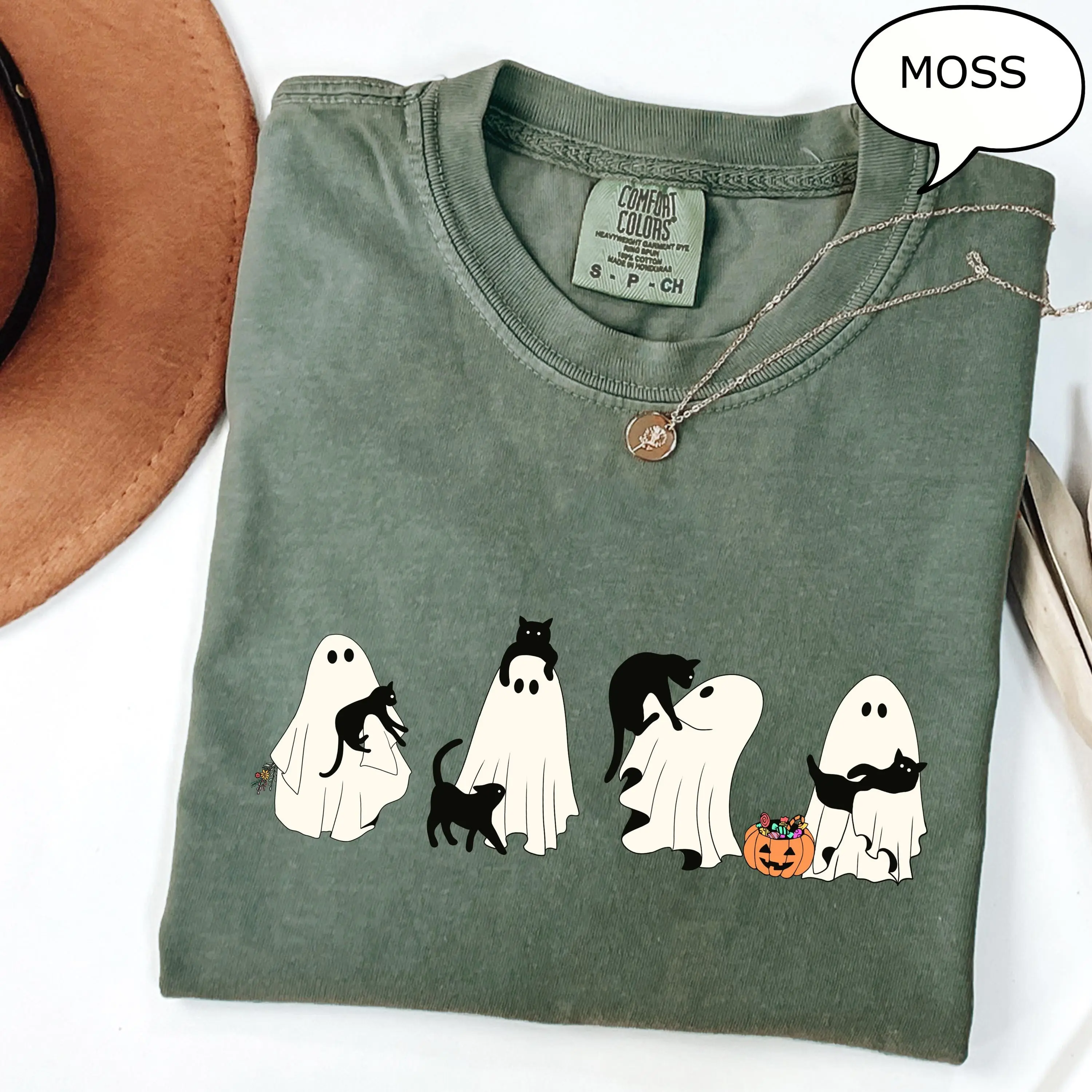 Comfort Colors Ghost And Cat T-Shirt, Halloween Spooky Season Graphic Tee for Pet Lover Gift