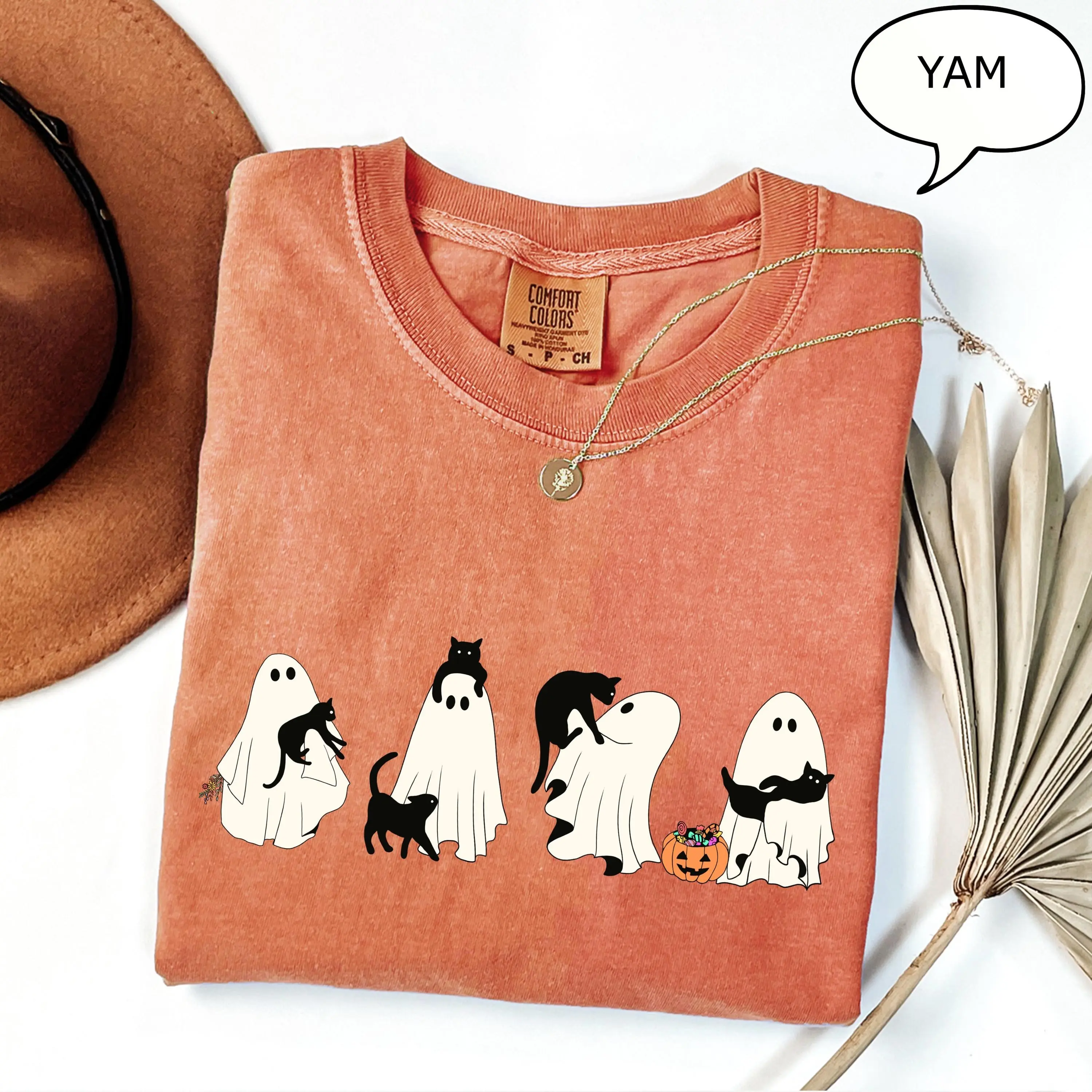 Comfort Colors Ghost And Cat T-Shirt, Halloween Spooky Season Graphic Tee for Pet Lover Gift - photo 2
