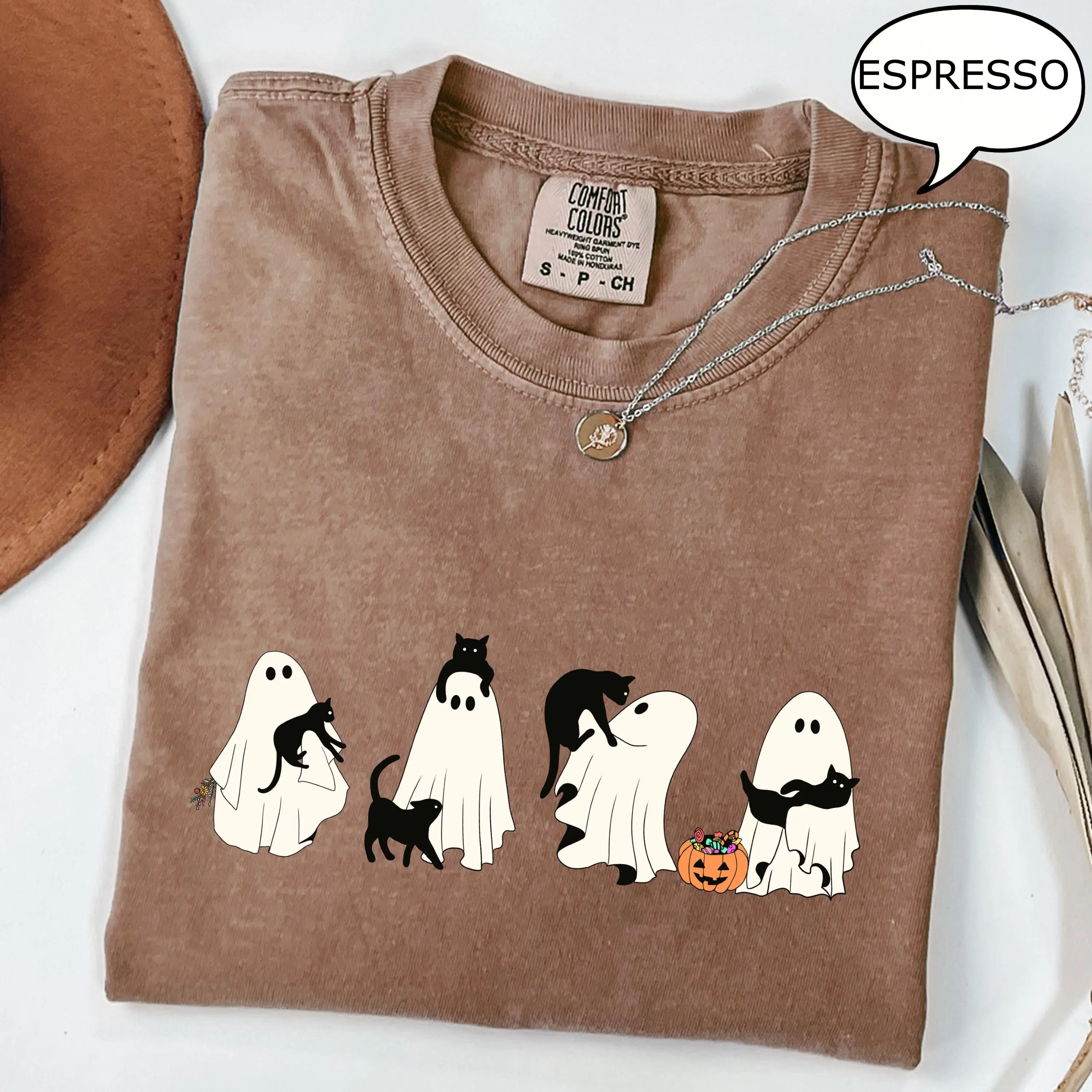 Comfort Colors Ghost And Cat T-Shirt, Halloween Spooky Season Graphic Tee for Pet Lover Gift - photo 3