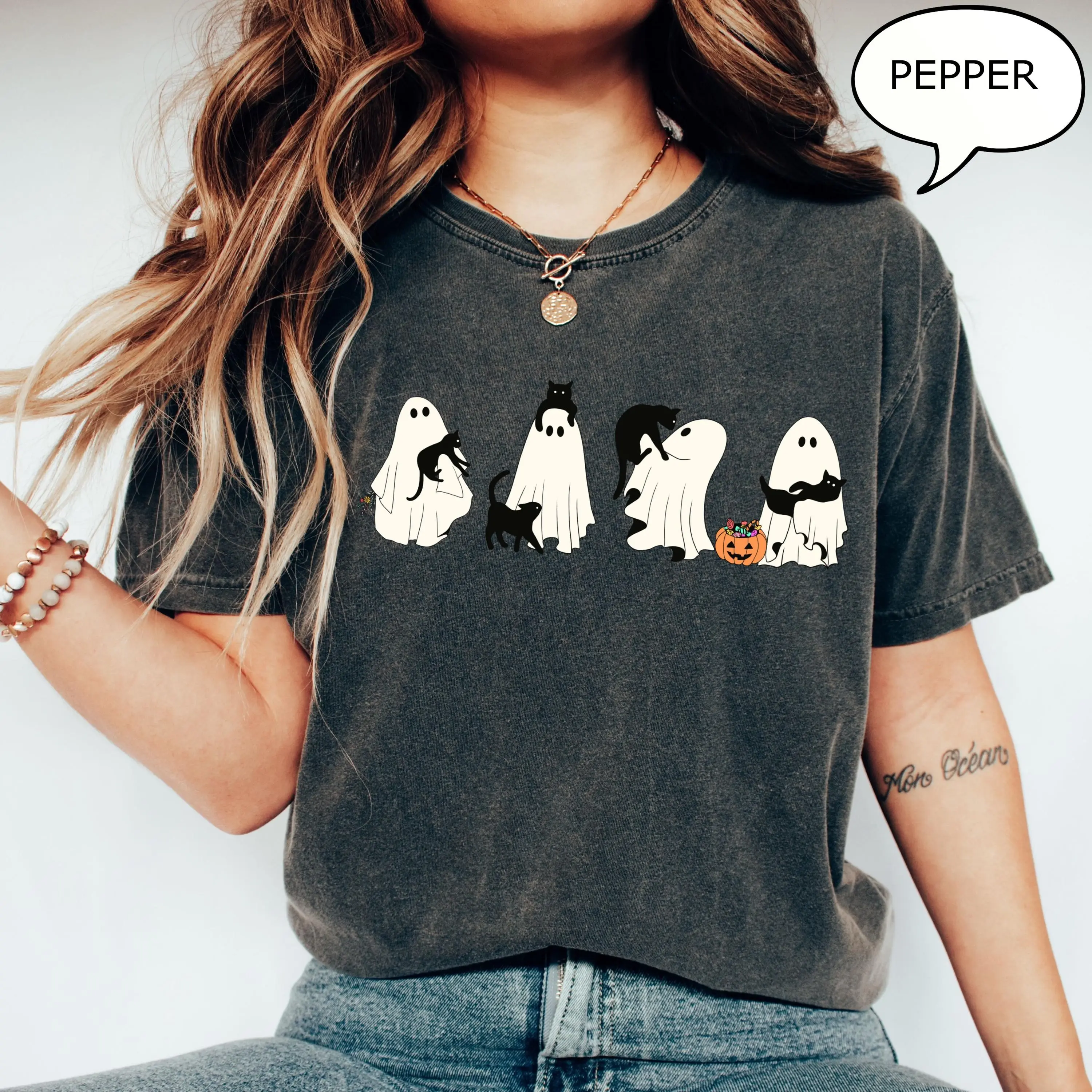 Comfort Colors Ghost And Cat T-Shirt, Halloween Spooky Season Graphic Tee for Pet Lover Gift - photo 4