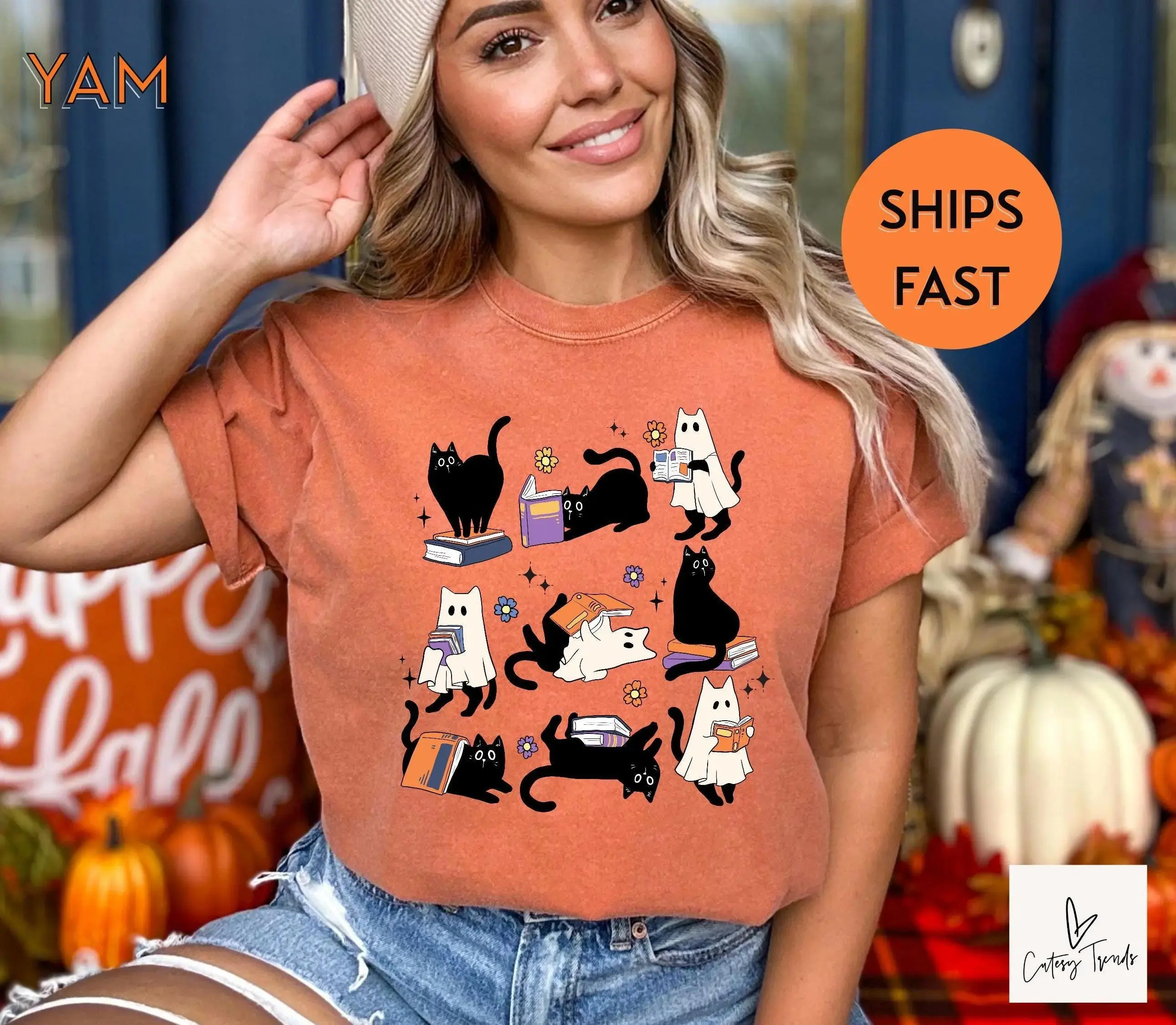Comfort Colors Ghost Black Cat Reading Books Shirt, Spooky Halloween Cat Lover Tee, Bookish Teacher Librarian Gift