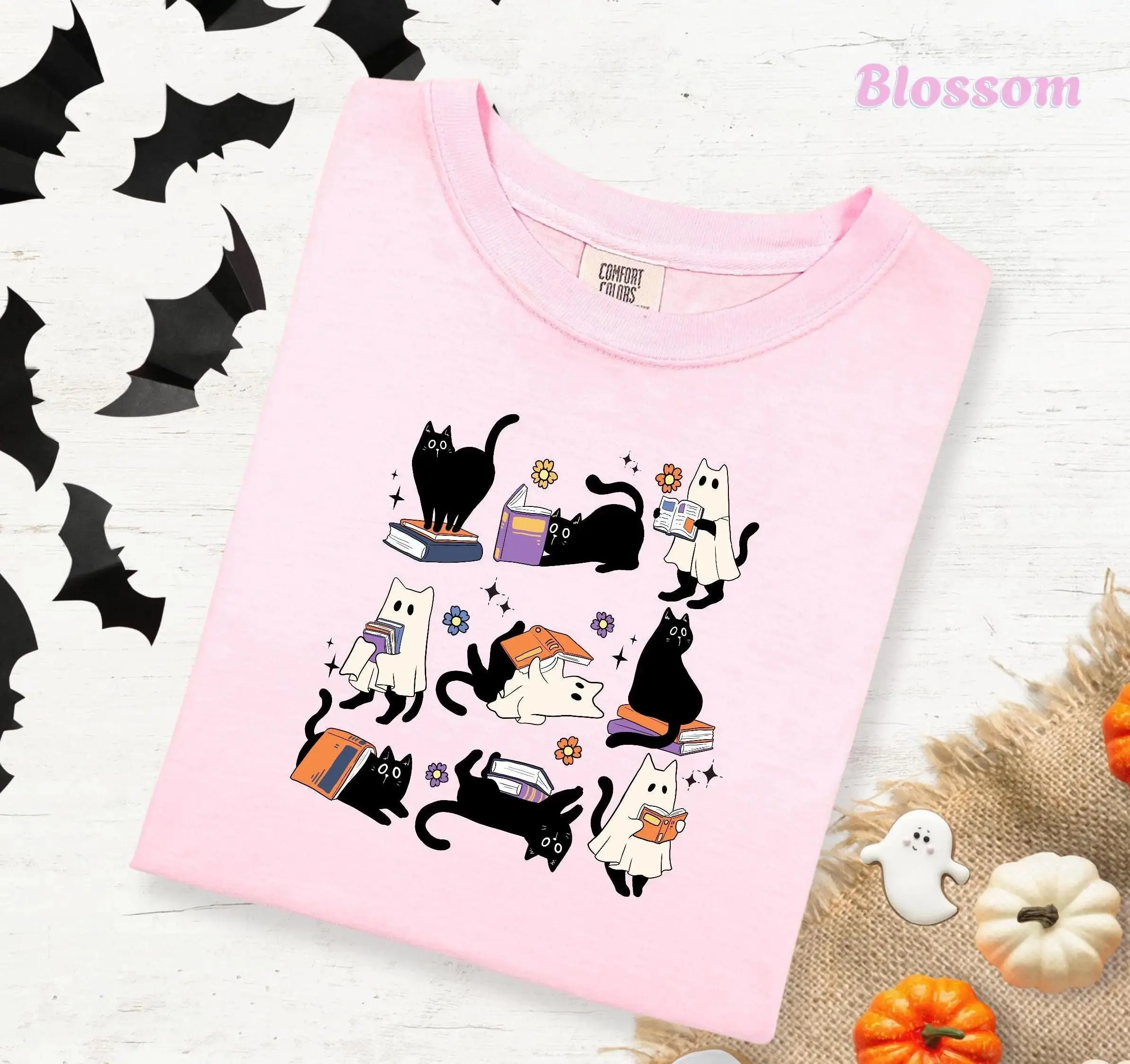 Comfort Colors Ghost Black Cat Reading Books Shirt, Spooky Halloween Cat Lover Tee, Bookish Teacher Librarian Gift - photo 2