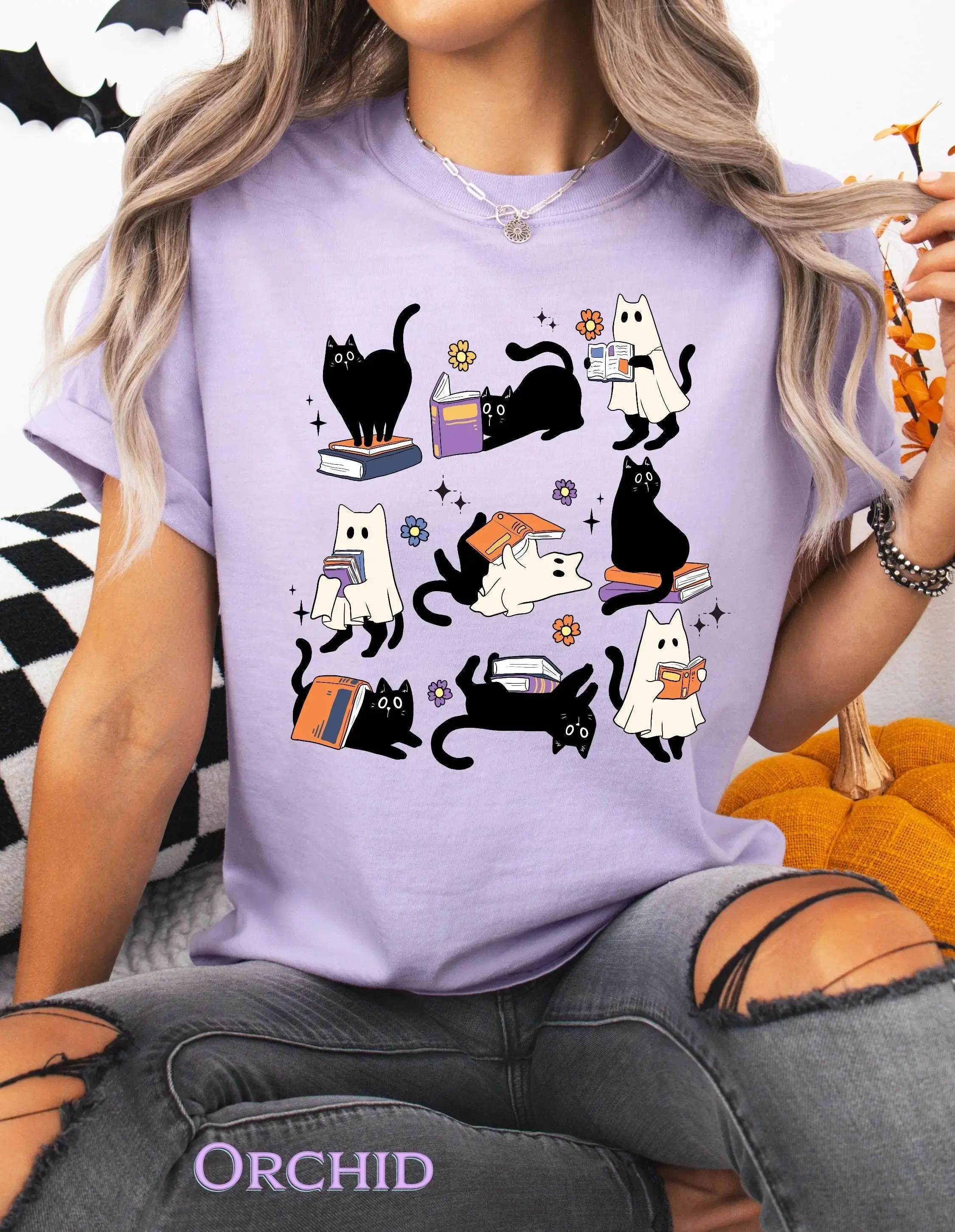 Comfort Colors Ghost Black Cat Reading Books Shirt, Spooky Halloween Cat Lover Tee, Bookish Teacher Librarian Gift - photo 3