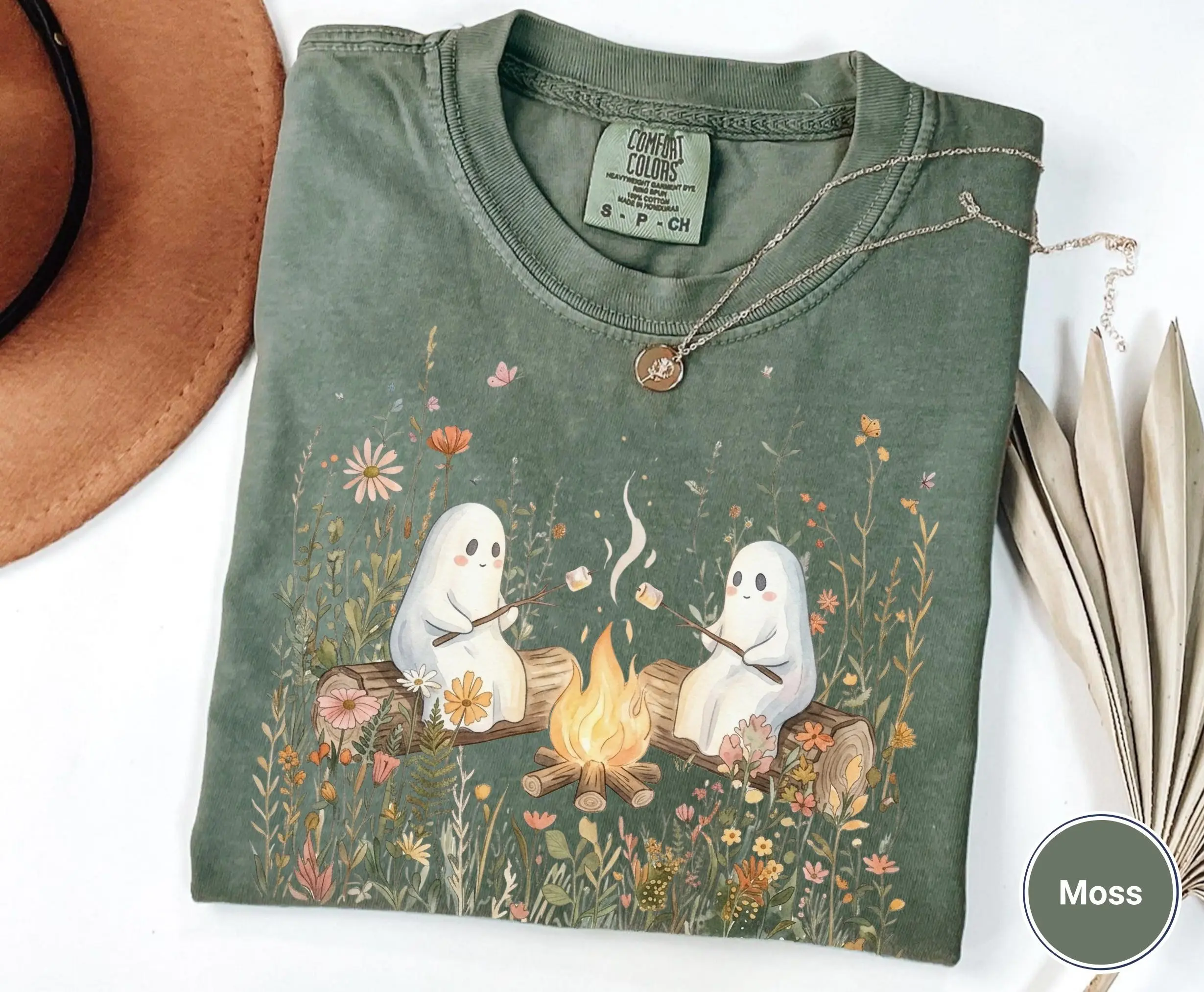 Comfort Colors Ghost Campfire Shirt, Whimsical Wildflower Cottagecore Tee, Autumn Spooky Floral Nature Friendship Halloween Top