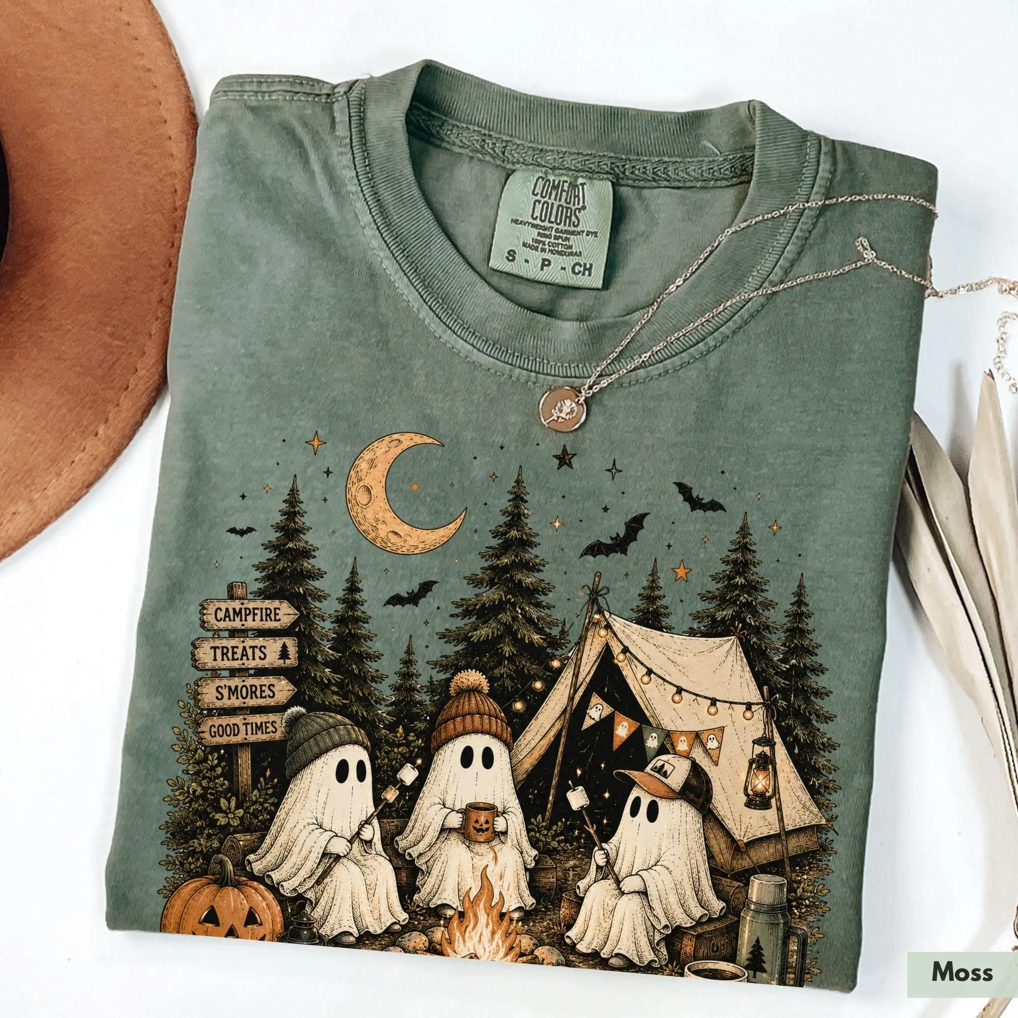 Comfort Colors Ghost Camping Halloween Shirt, Spooky Campfire Tee, Cute Camper Fall Gift for Her