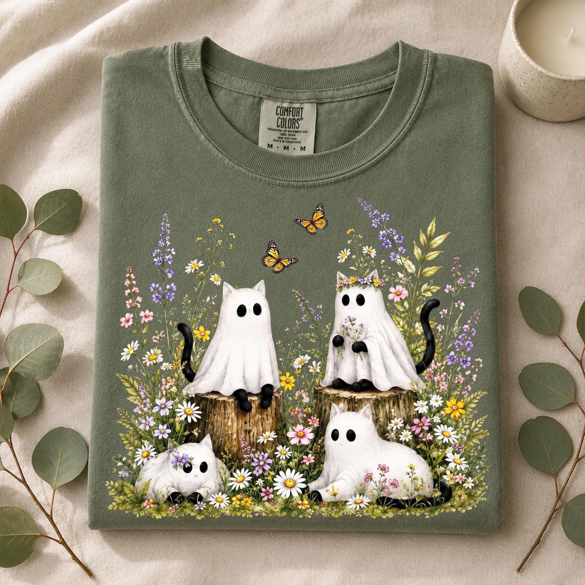 Comfort Colors Ghost Cat Garden Shirt, Floral Halloween Kitten Tee, Cottagecore Wildflower Cat Lover Top