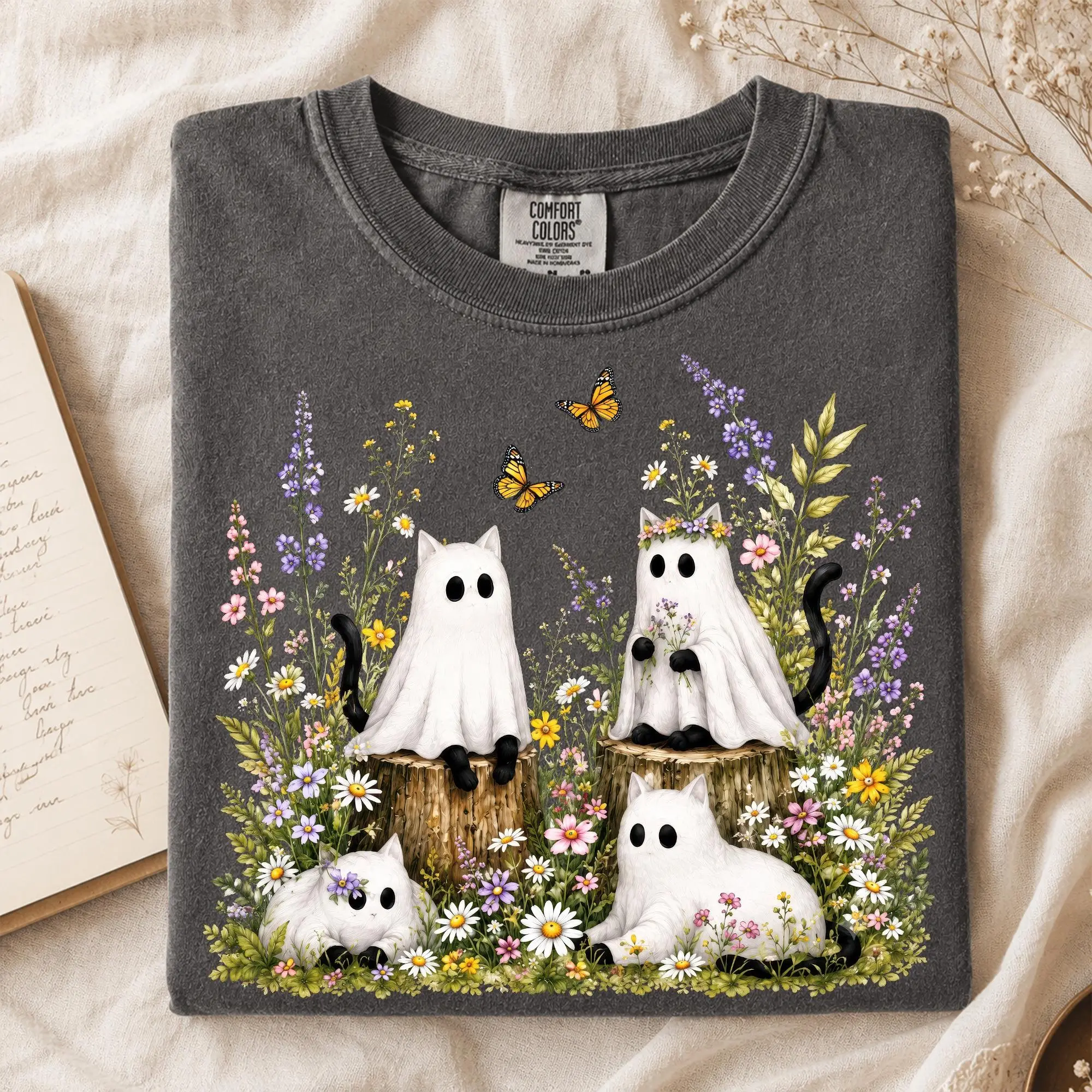 Comfort Colors Ghost Cat Garden Shirt, Floral Halloween Kitten Tee, Cottagecore Wildflower Cat Lover Top - photo 2