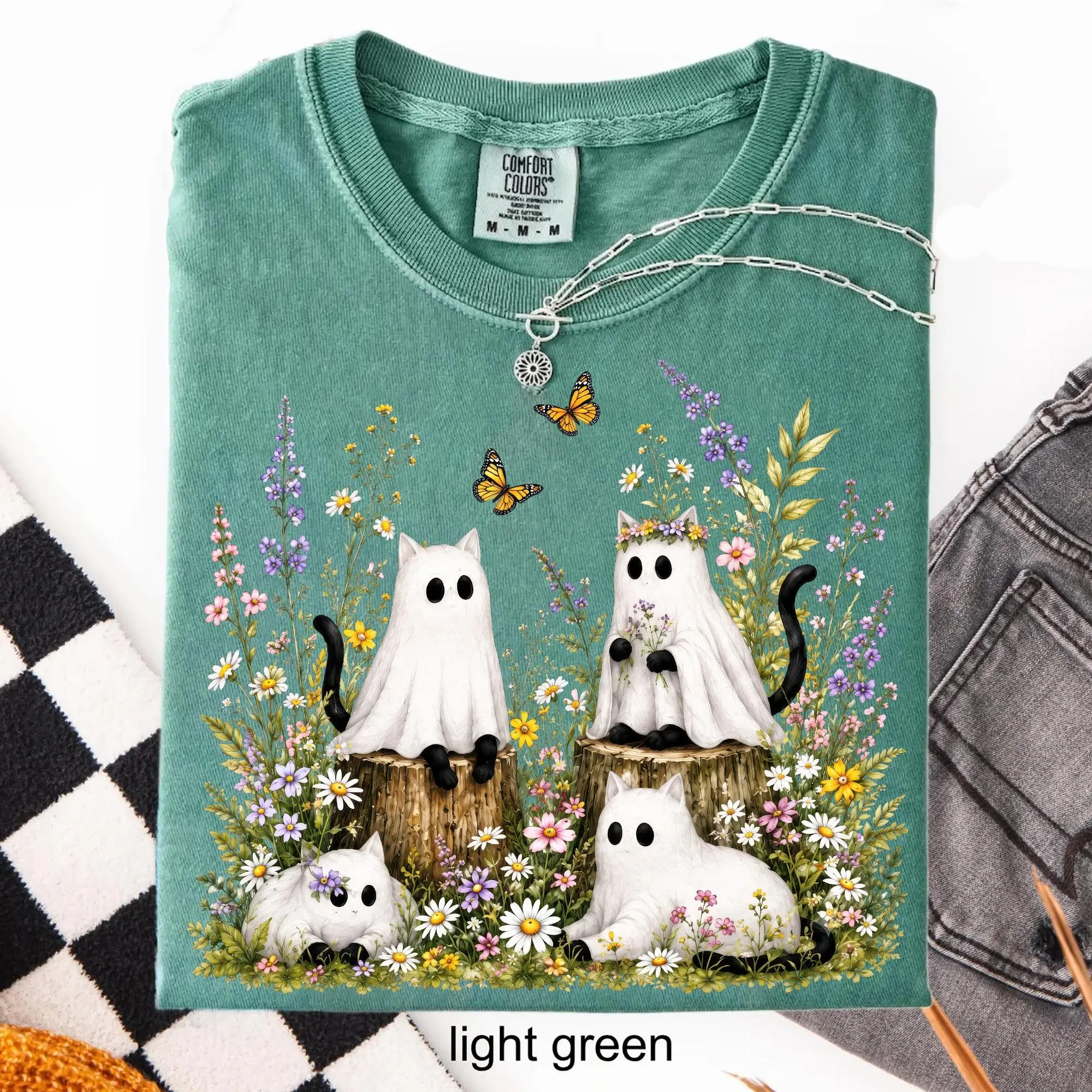 Comfort Colors Ghost Cat Garden Shirt, Floral Halloween Kitten Tee, Cottagecore Wildflower Cat Lover Top - photo 3
