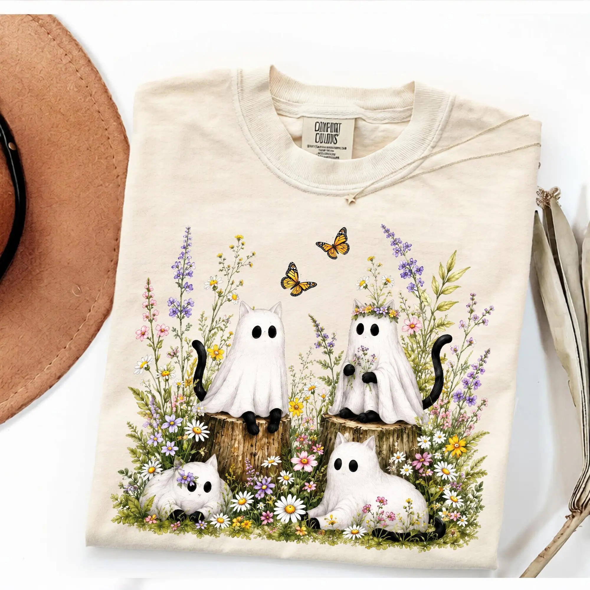 Comfort Colors Ghost Cat Garden Shirt, Floral Halloween Kitten Tee, Cottagecore Wildflower Cat Lover Top - photo 4