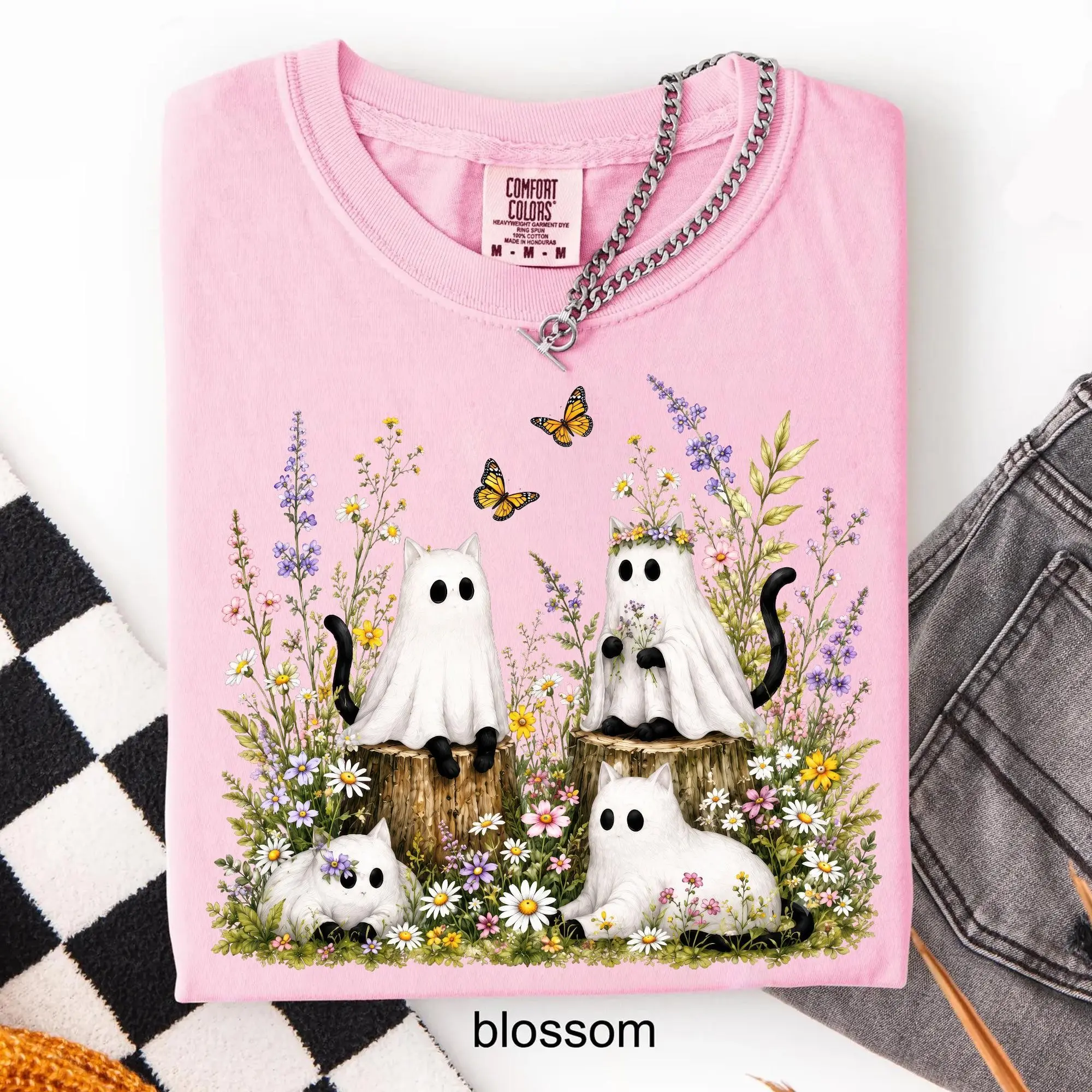 Comfort Colors Ghost Cat Garden Shirt, Floral Halloween Kitten Tee, Cottagecore Wildflower Cat Lover Top - photo 5