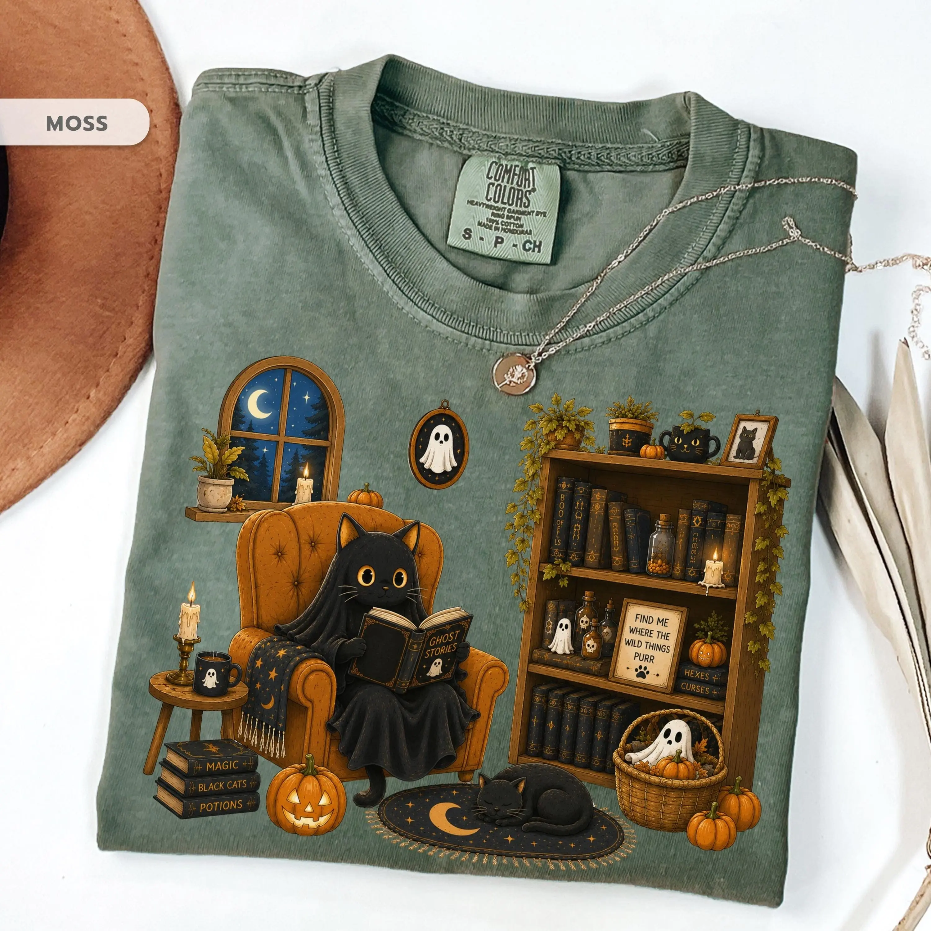 Comfort Colors Ghost Cat Shirt, Cozy Halloween Spooky Reading Tee, Cute Autumn Book Lover Gift for Women