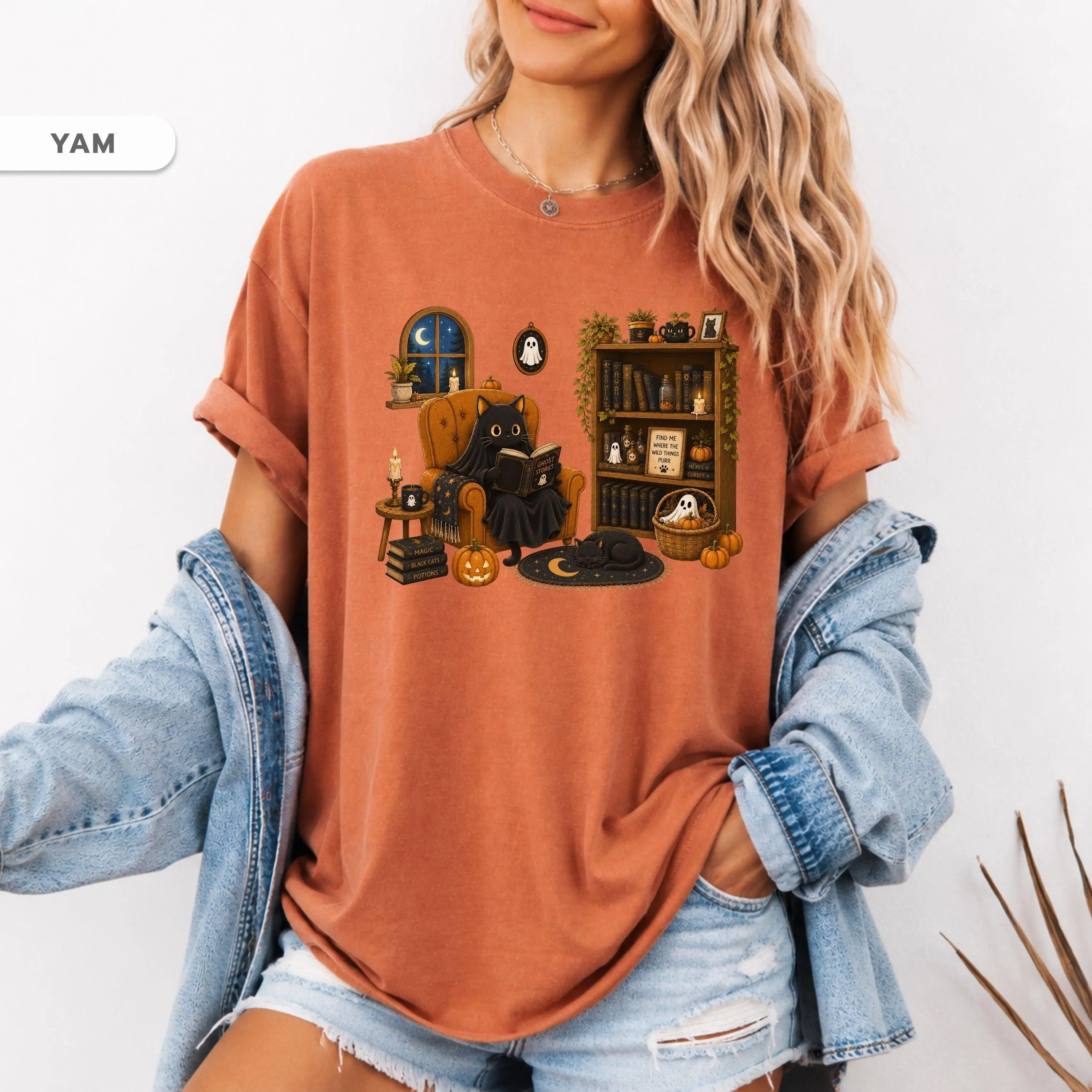 Comfort Colors Ghost Cat Shirt, Cozy Halloween Spooky Reading Tee, Cute Autumn Book Lover Gift for Women - photo 2