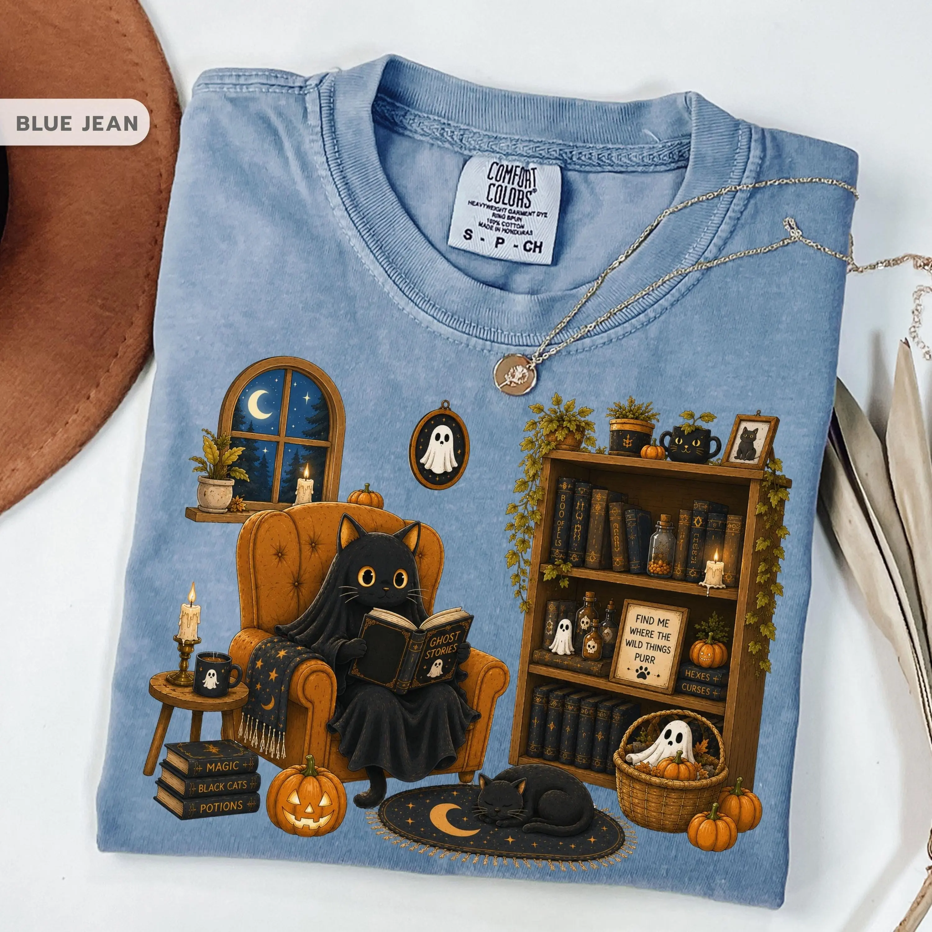 Comfort Colors Ghost Cat Shirt, Cozy Halloween Spooky Reading Tee, Cute Autumn Book Lover Gift for Women - photo 3