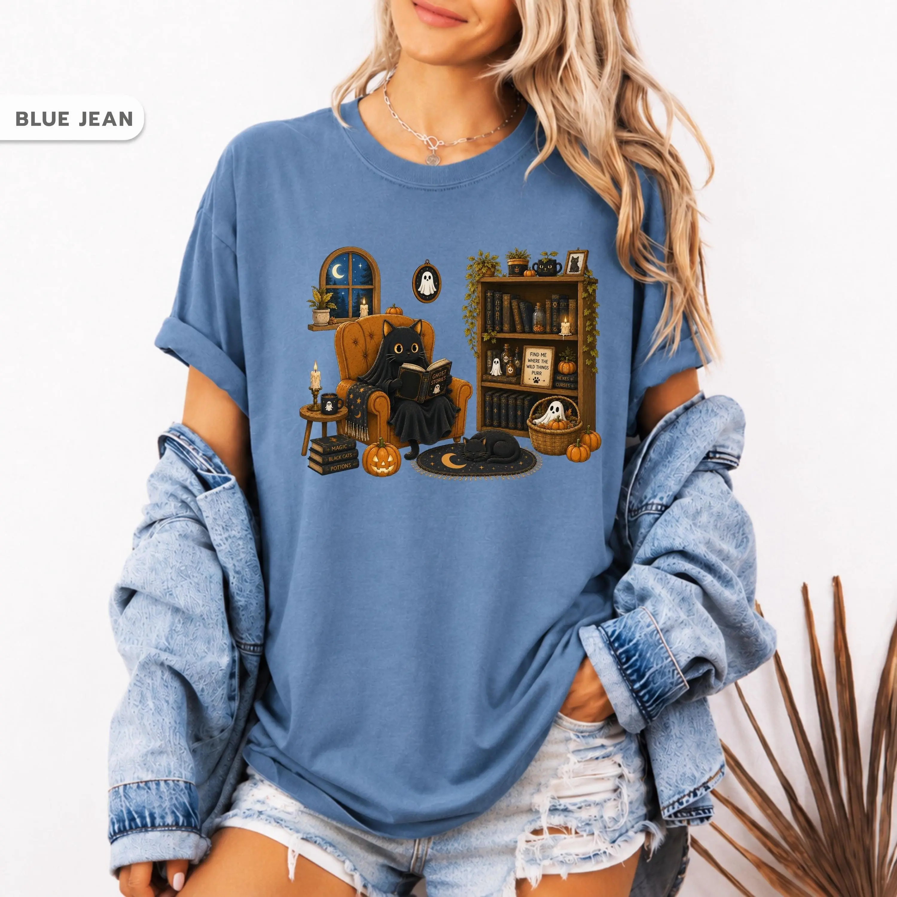 Comfort Colors Ghost Cat Shirt, Cozy Halloween Spooky Reading Tee, Cute Autumn Book Lover Gift for Women - photo 4