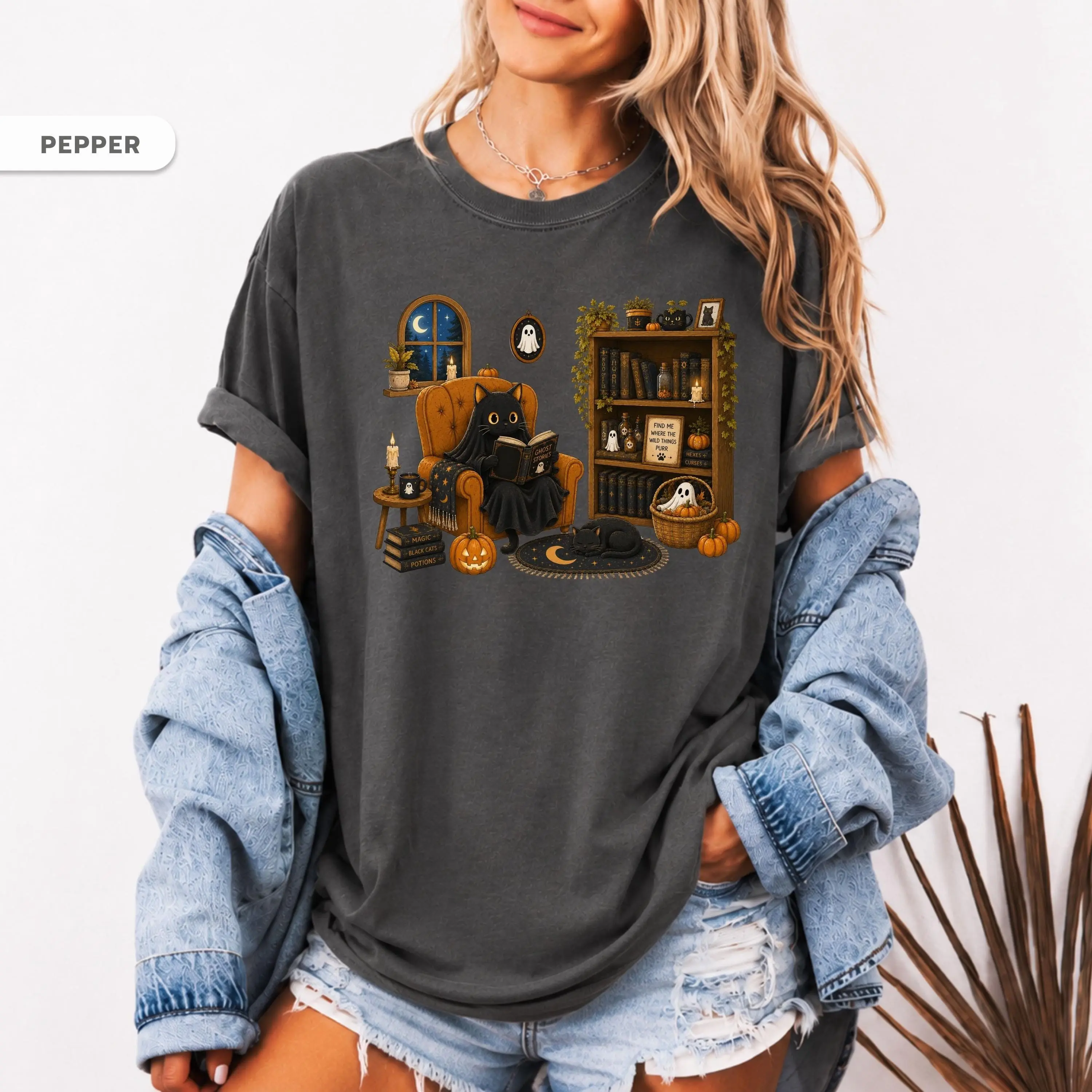 Comfort Colors Ghost Cat Shirt, Cozy Halloween Spooky Reading Tee, Cute Autumn Book Lover Gift for Women - photo 5