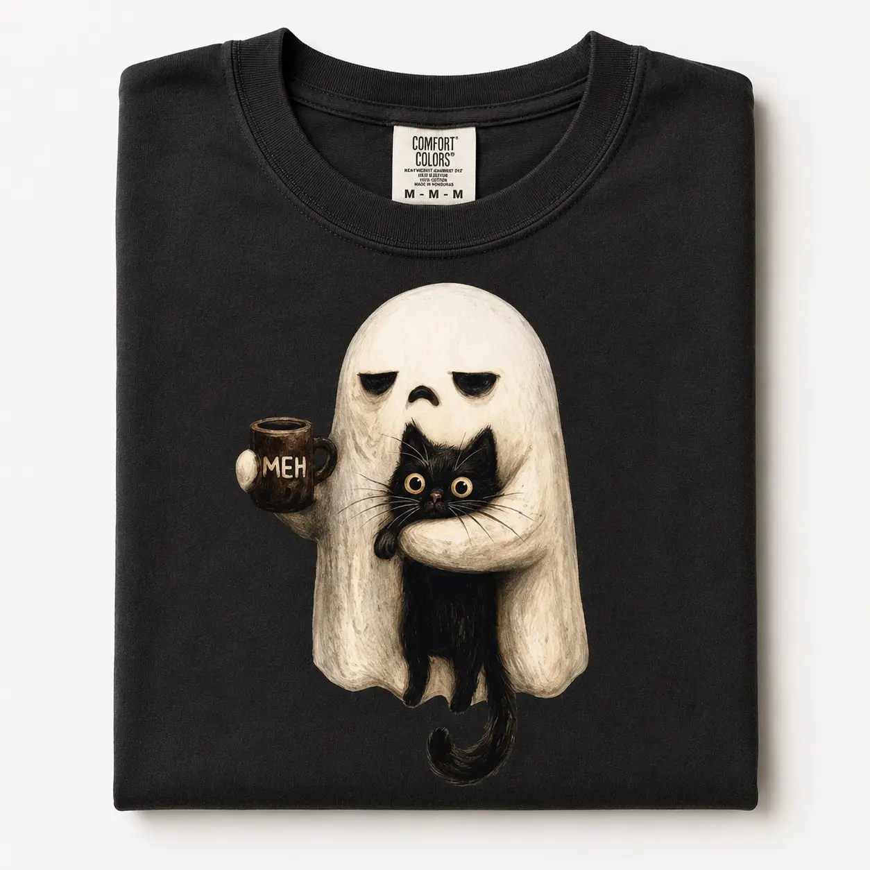 Comfort Colors Spooky Ghost Cat Shirt, Black Halloween Graphic Tee, Funny Introvert Coffee Lover Gift