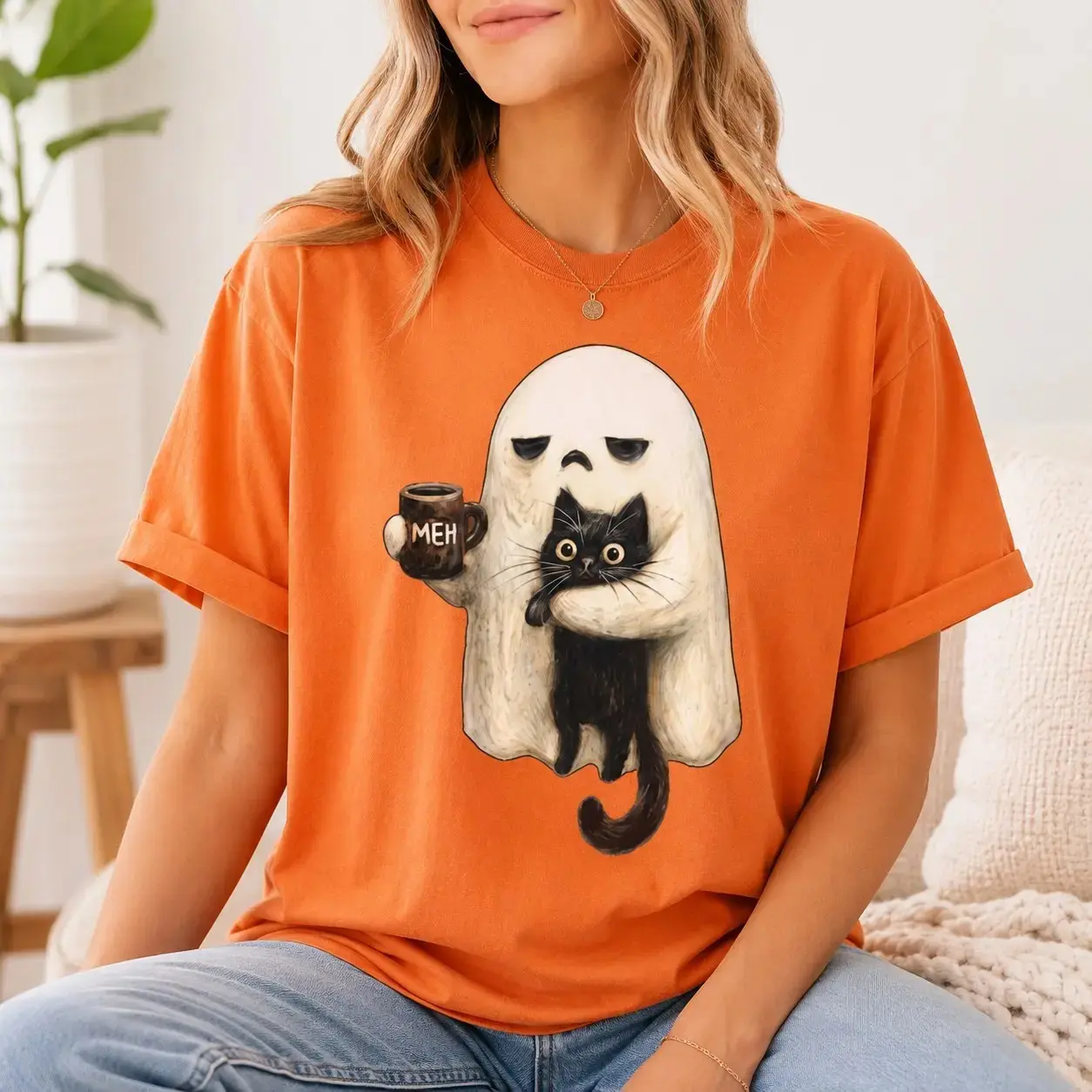 Comfort Colors Ghost Cat Crewneck Sweatshirt, Spooky Black Cat Halloween Graphic Top, Funny Introvert Coffee Lover Cat Mom Gift