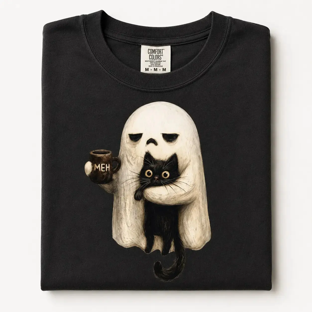 Comfort Colors Ghost Cat Crewneck Sweatshirt, Spooky Black Cat Halloween Graphic Top, Funny Introvert Coffee Lover Cat Mom Gift - photo 2