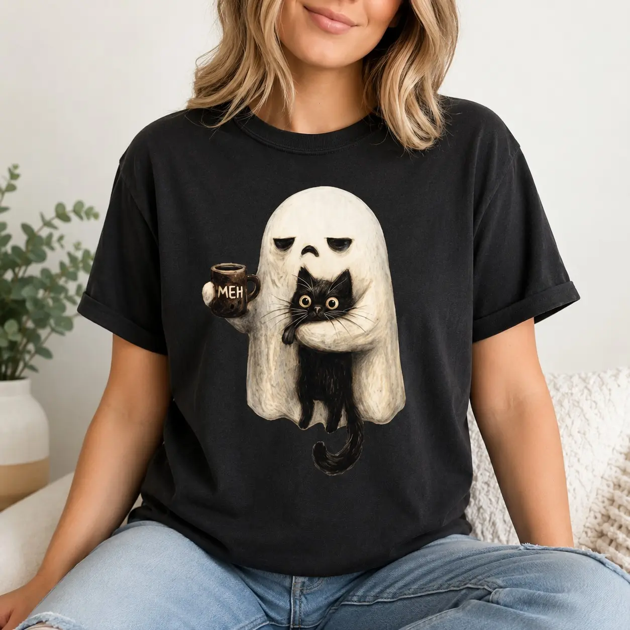 Comfort Colors Spooky Ghost Cat Shirt, Black Halloween Graphic Tee, Funny Introvert Coffee Lover Gift - photo 2