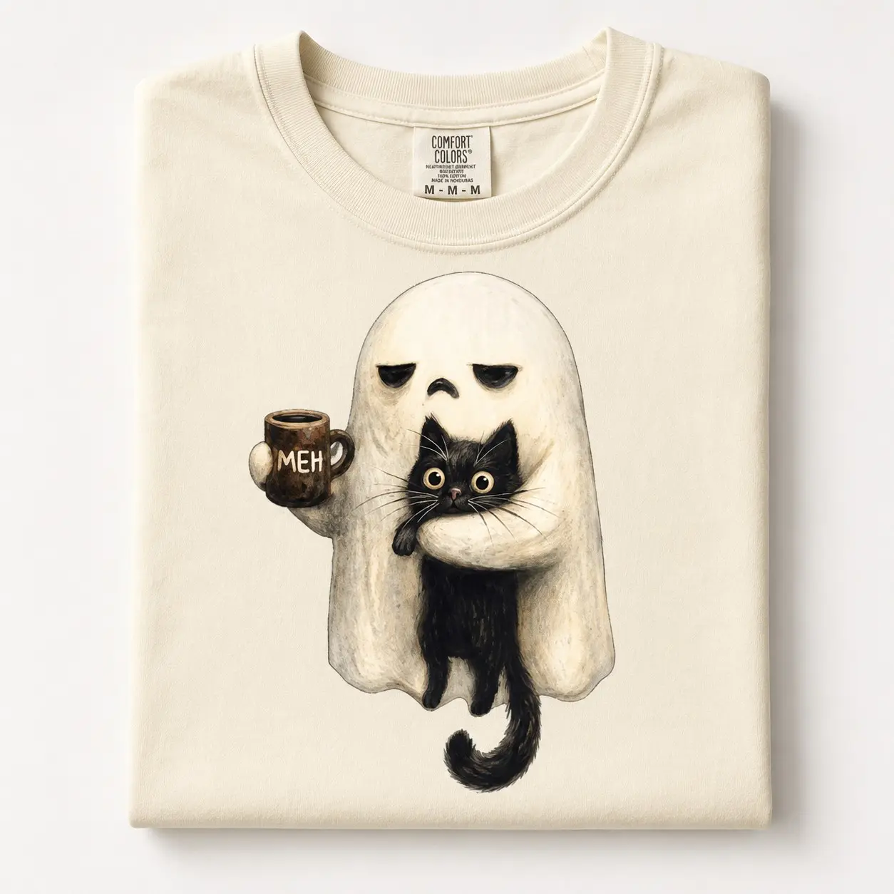 Comfort Colors Spooky Ghost Cat Shirt, Black Halloween Graphic Tee, Funny Introvert Coffee Lover Gift - photo 3