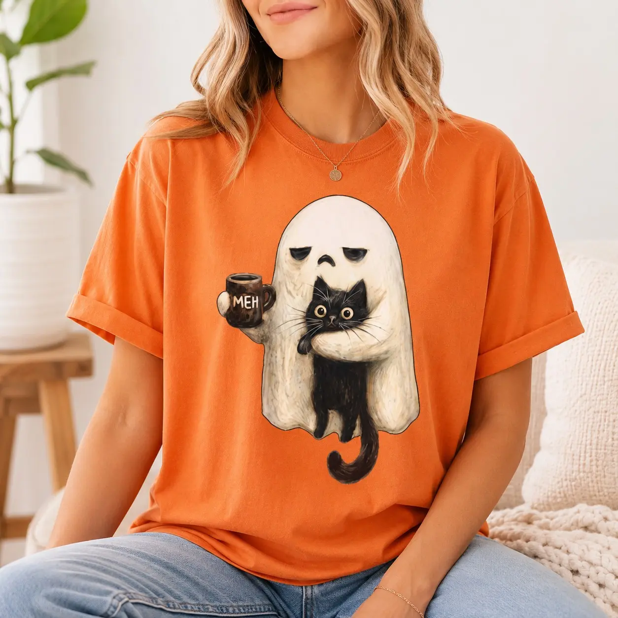 Comfort Colors Spooky Ghost Cat Shirt, Black Halloween Graphic Tee, Funny Introvert Coffee Lover Gift - photo 4