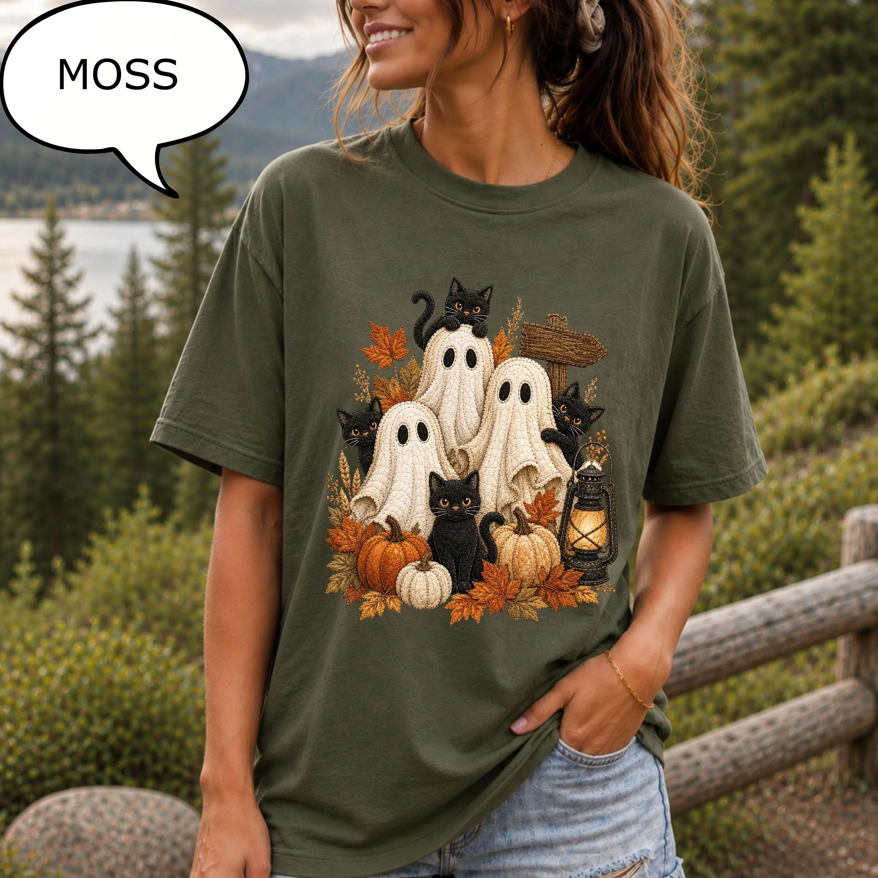 Comfort Colors Ghost Cat Shirt, Womens Halloween Spooky Autumn Fall Kitty Lover Graphic Tee - photo 3