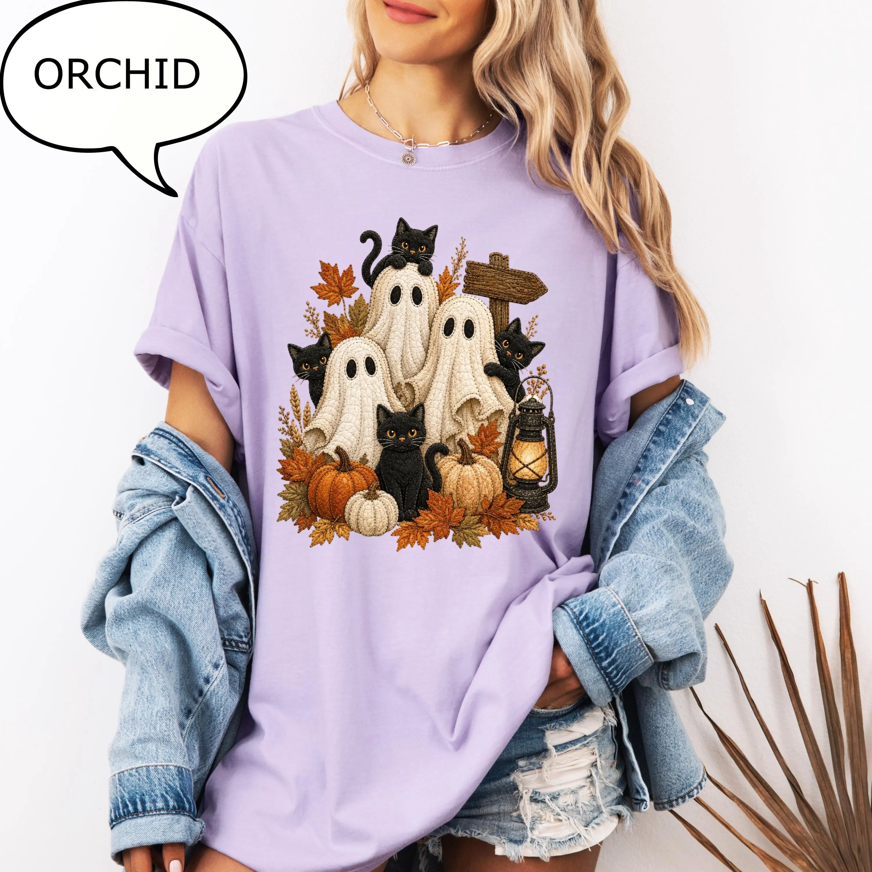 Comfort Colors Ghost Cat Shirt, Womens Halloween Spooky Autumn Fall Kitty Lover Graphic Tee - photo 4