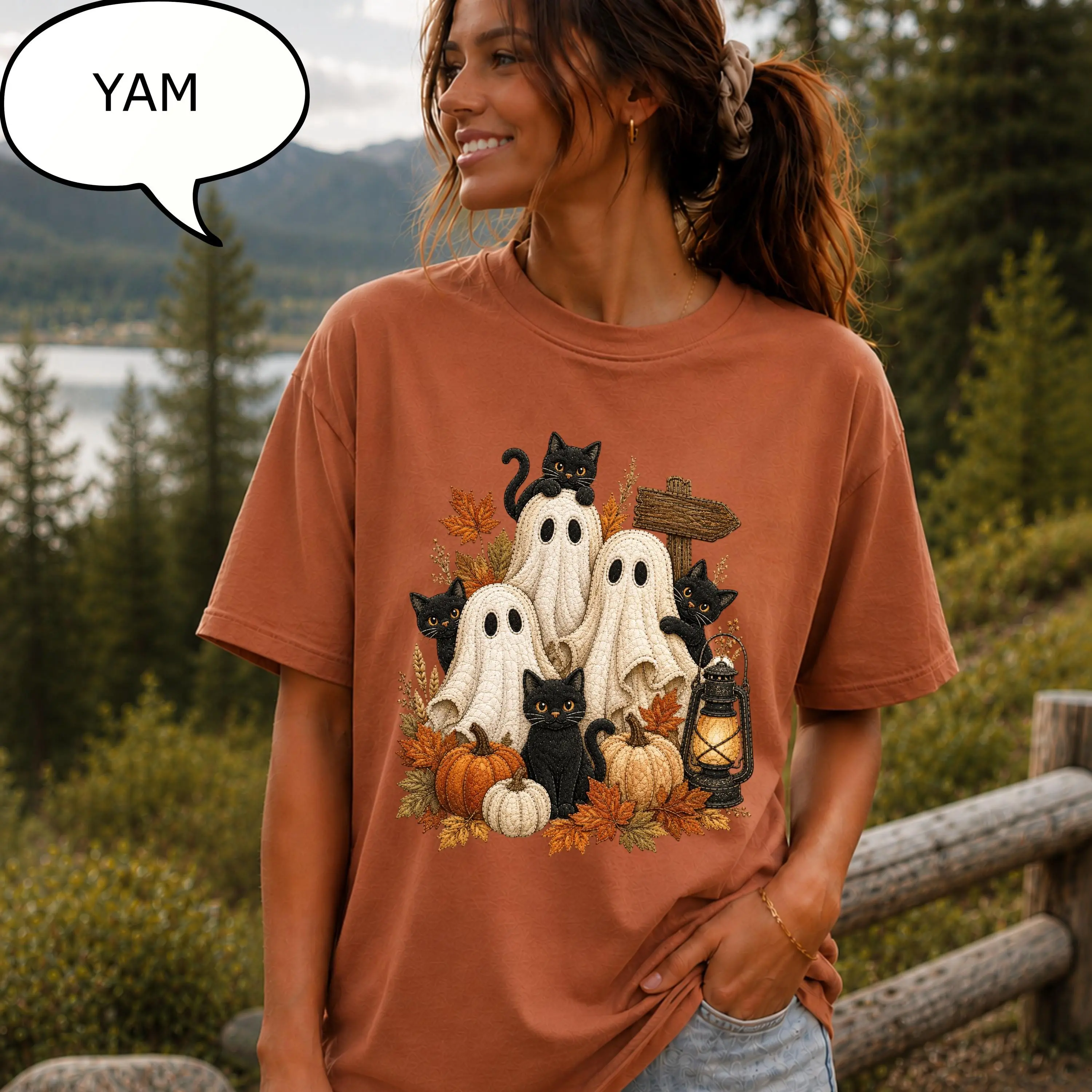 Comfort Colors Ghost Cat Sweatshirt, Womens Halloween Spooky Autumn Fall Kitty Lover Graphic Crewneck