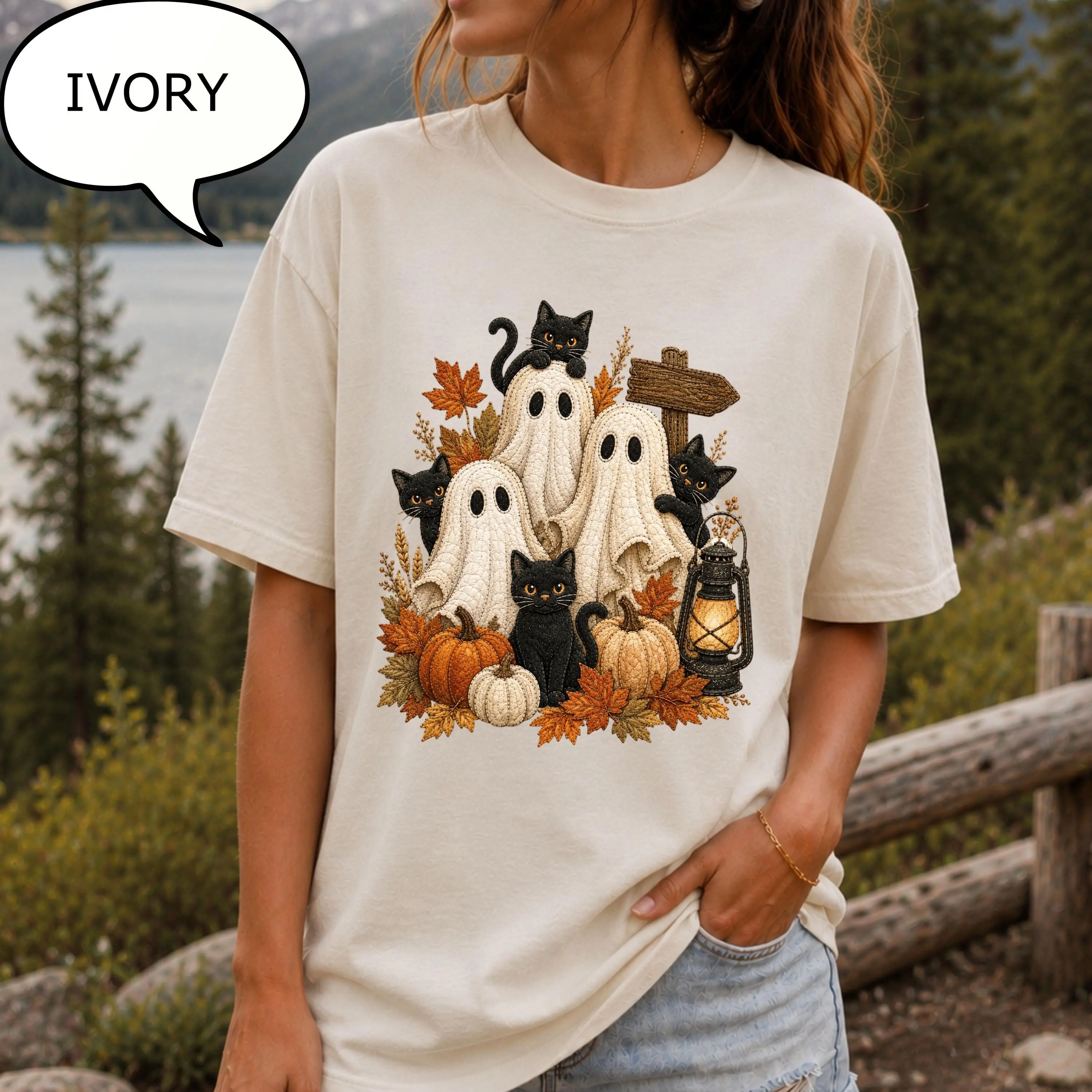 Comfort Colors Ghost Cat Sweatshirt, Womens Halloween Spooky Autumn Fall Kitty Lover Graphic Crewneck - photo 2