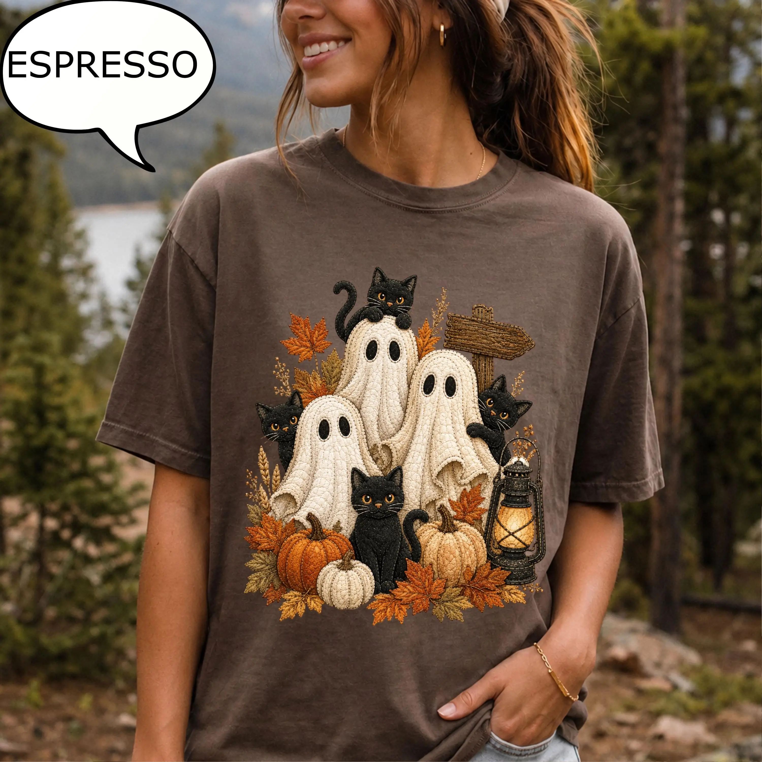 Comfort Colors Ghost Cat Sweatshirt, Womens Halloween Spooky Autumn Fall Kitty Lover Graphic Crewneck - photo 5