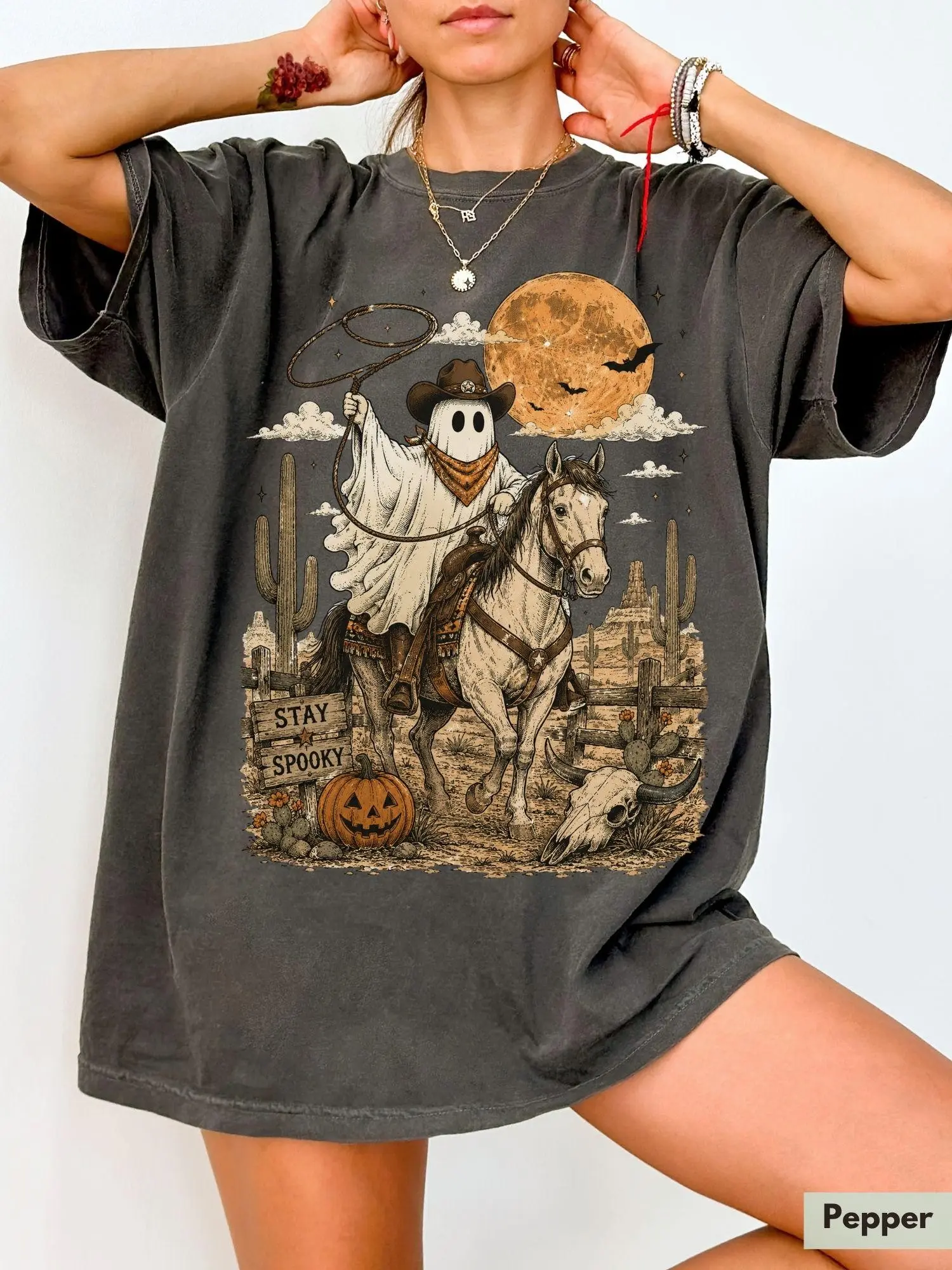 Comfort Colors Ghost Cowboy Halloween Shirt, Western Stay Spooky Riding Horse Fall Graphic Tee