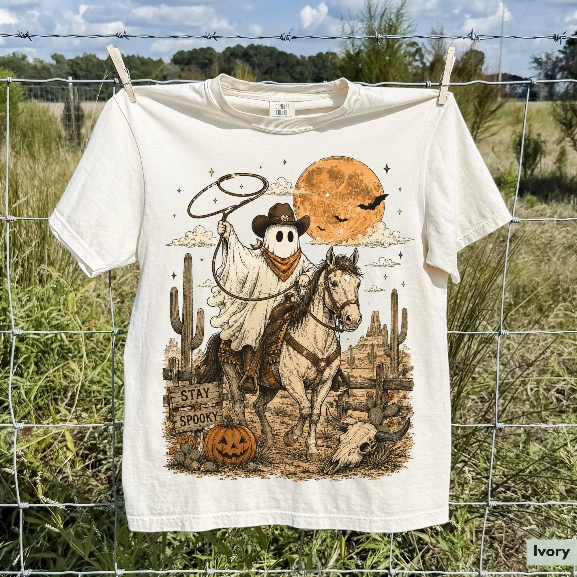 Comfort Colors Ghost Cowboy Halloween Sweatshirt, Western Stay Spooky Riding Horse Fall Crewneck - photo 2