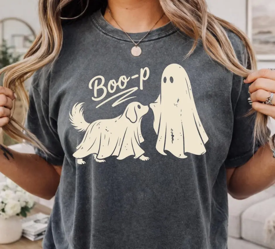 Comfort Colors Ghost Golden Retriever Shirt, Funny Boo Dog Mom Halloween Spooky Season Graphic Tee - photo 2